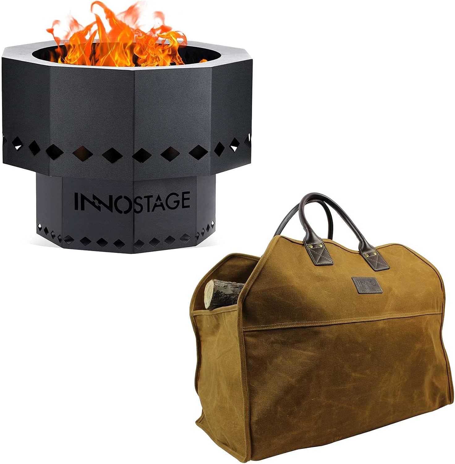 Heavy Duty Wax Canvas Log Carrier Tote and Patented Smokeless Fire Bowl Pit