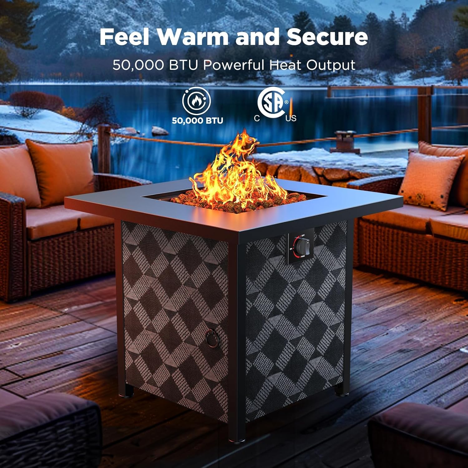Ciays 28Inch Propane Fire Pit Table, 50,000 BTU Outdoor Gas Fire Pit Table CSA-Certified for Outside Patio with Removable Lid and Lava Rocks, Add Warmth and Ambience to Parties, Backyard, Garden