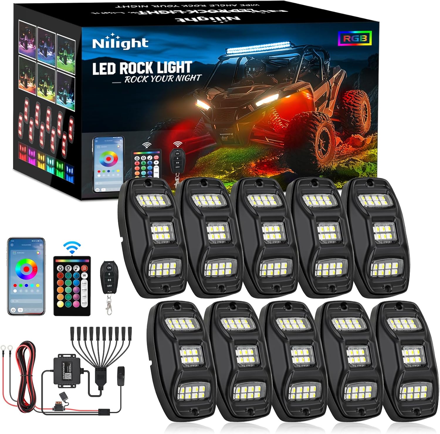 Nilight RGBW LED Rock Lights Kit, 10 Pods 22LED Wide Angle Remote & Bluetooth App Dual Control with Music Modes Multicolor Underglow Neon Wheel Well Light Fit for ATV UTV SUV Offroad Truck RZR Boat
