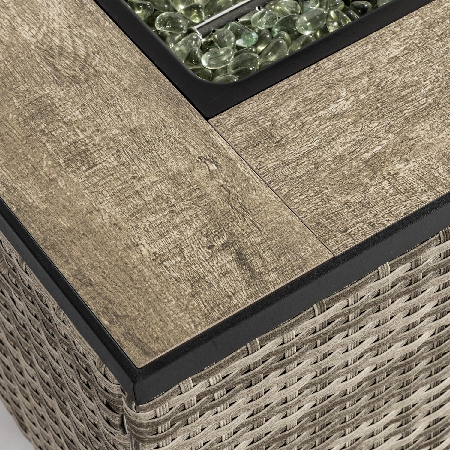 32in Gas Fire Pit Table Set, 50,000 BTU Propane Fire Pit Table Outdoor with Rain Cover, Hideaway Tank Holder Fits 20lb Tank, Gas Fire Pit for Outside w/Ceramic Tabletop and lid, Glass Rocks.