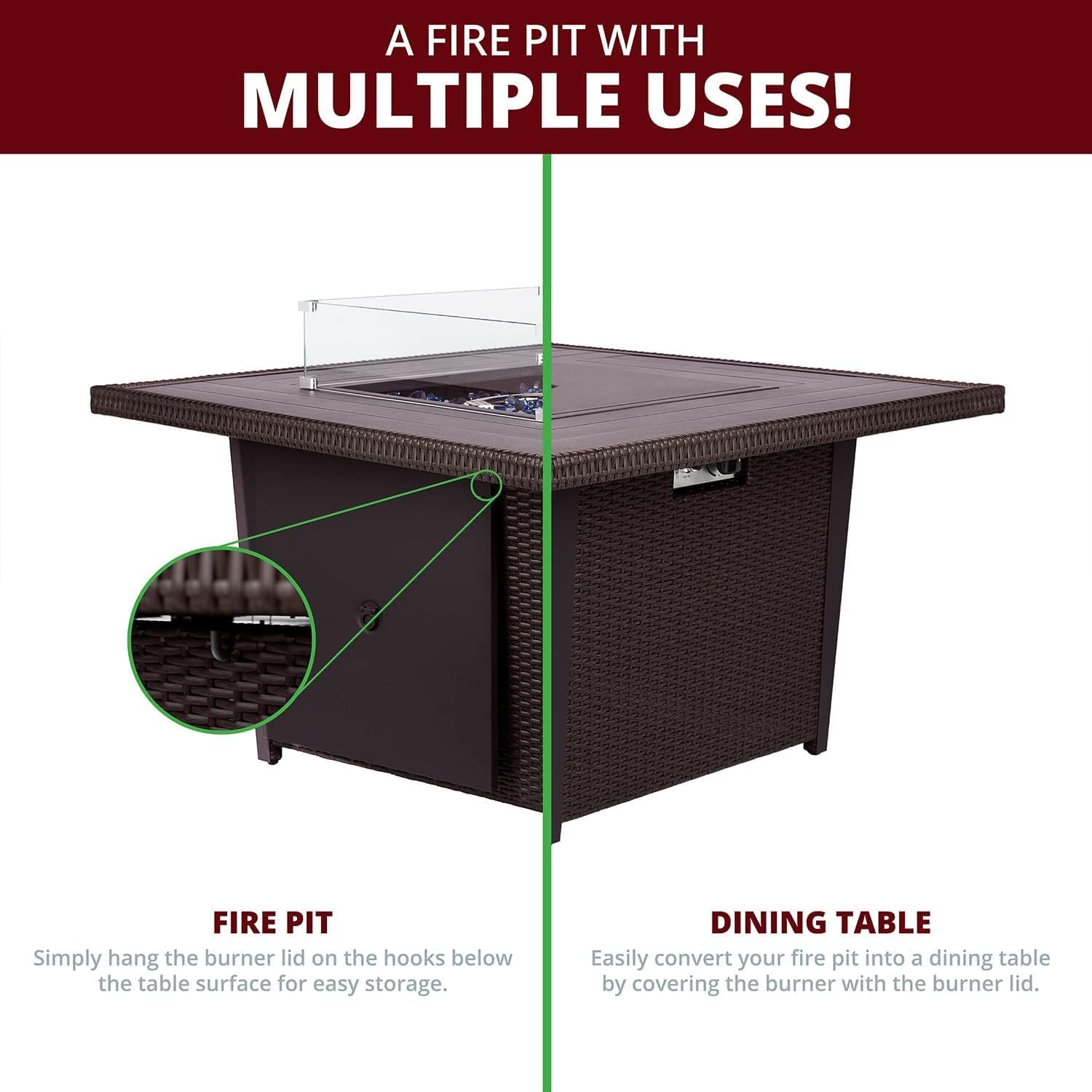 42 Inch Fire Pit Table, 50,000 BTU Outdoor Square Gas Fire Pit Table for Patio Garden Backyard,CSA Certification, with Lid, Glass Wind Guard, Waterproof Cover (Brown)