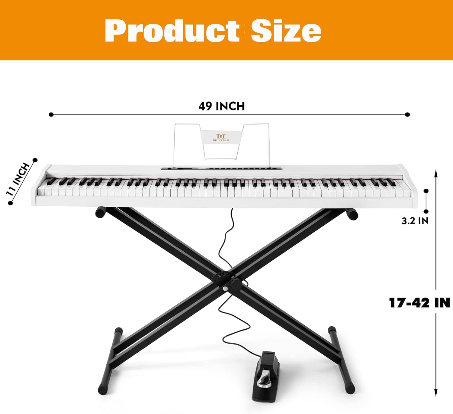MUSTAR Piano Keyboard 88 Key Weighted Keyboard, Digital Keys Semi Weighted with Stand, Full Size Electric Bluetooth Connection, Portable Case, Sustain Pedal, MDF, White Touch-response Key
