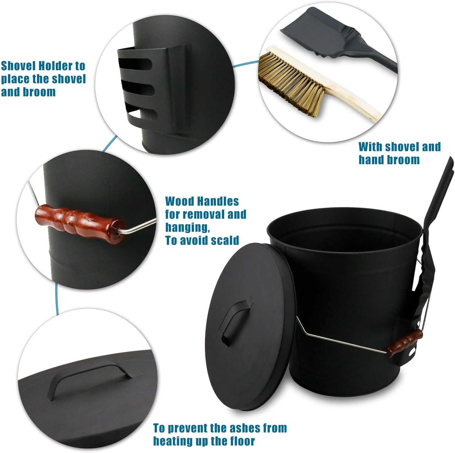 Uniflasy Ash Bucket with Lid, Shovel and Hand Broom, 5.2 Gallon Metal Coal Ash Bucket and Blended Fire Glass Rocks Beads for Outdoors and Indoors Propane Firepit