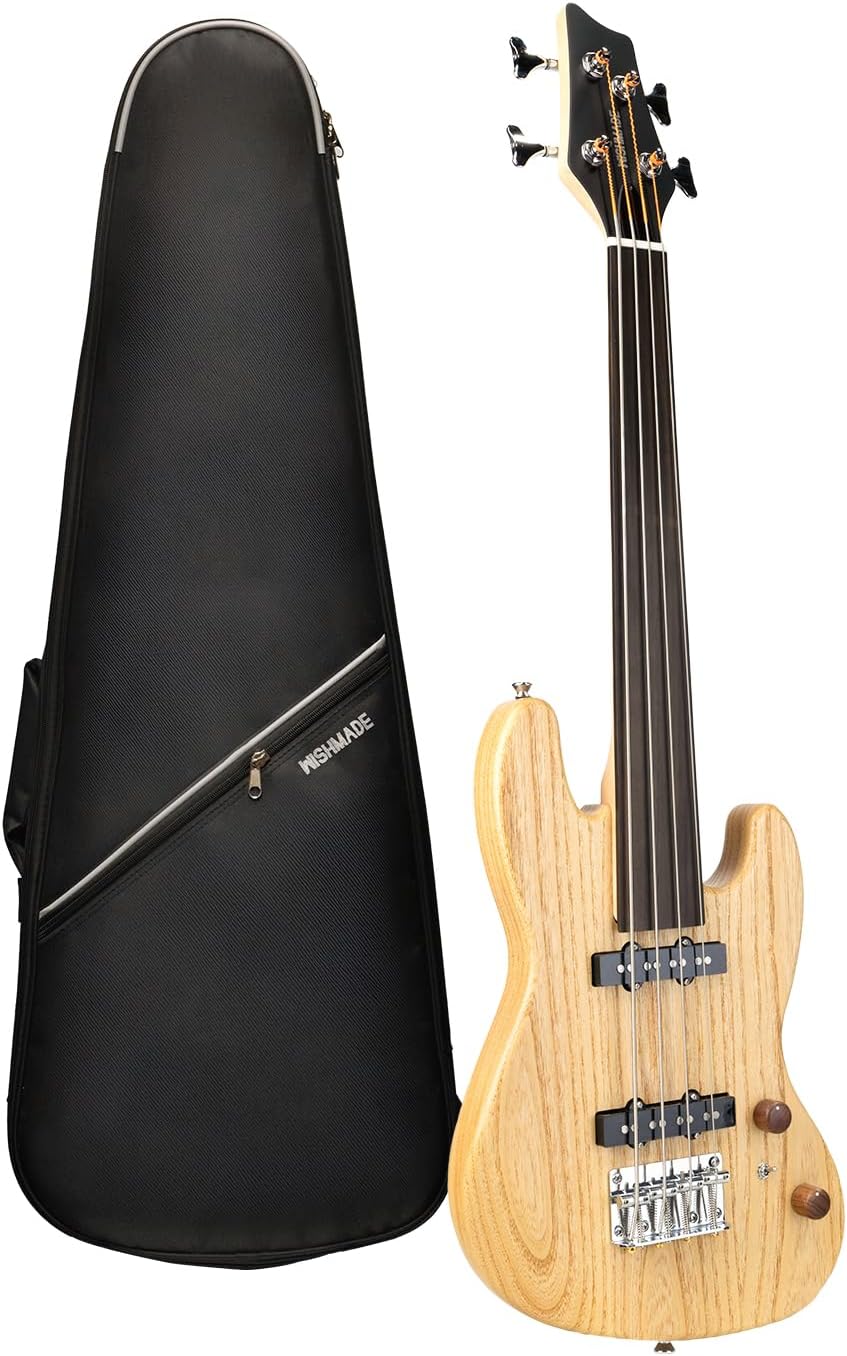 WishMade Electric Bass Guitar Fretless Mini Bass Guitar,Portable Small Size Guitar with Gigbag,Maple Neck,HH.(4 String Natural)