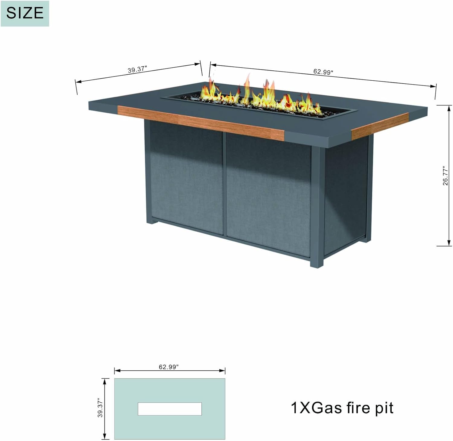 Outdoor Fire Pit Table with Glass Wind Guard, 63x39 inch Aluminum Table Top, Double-Walled Stainless Steel Burner, Weather Resistant