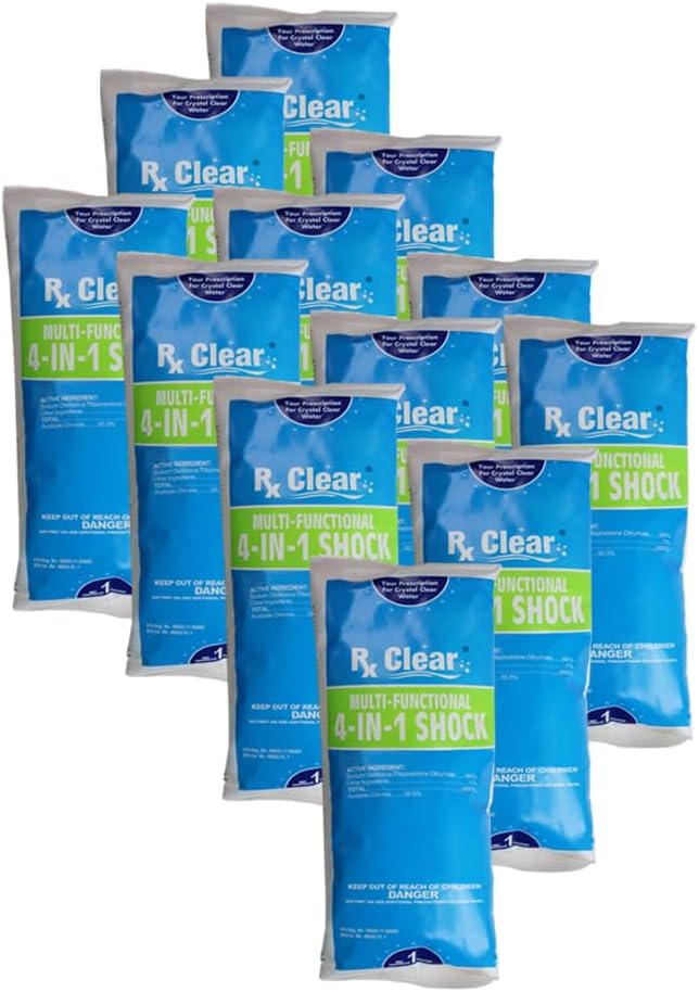 Rx Clear Multi-Functional 4-in-1 Swimming Pool Shock | 99% Sodium Dichloro-s-Triazinetrione Dihydrate | Kills Bacteria and Algae | One-Pound Bags | 12-Pack