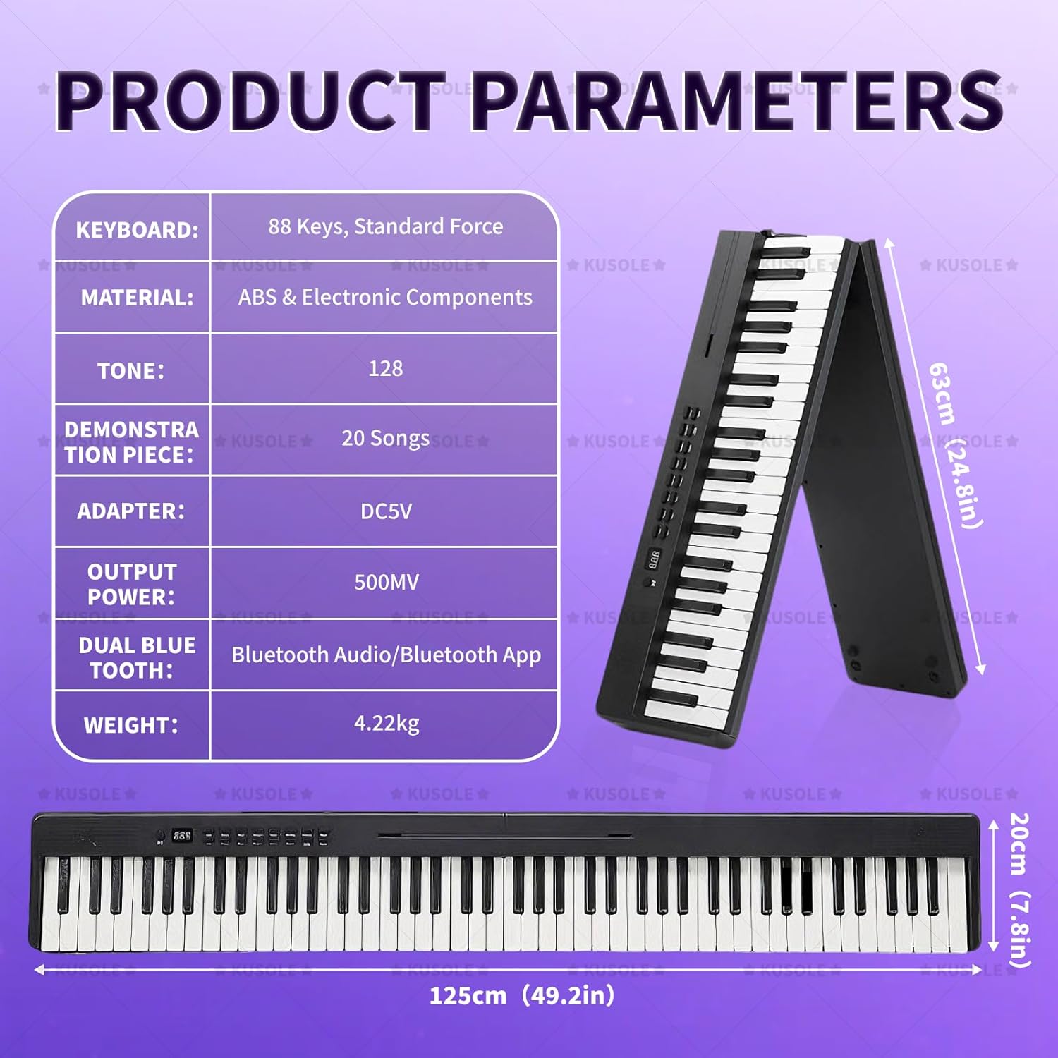 88-key foldable digital piano, full-size semi-weighted keys, portable electric piano, stereo speakers