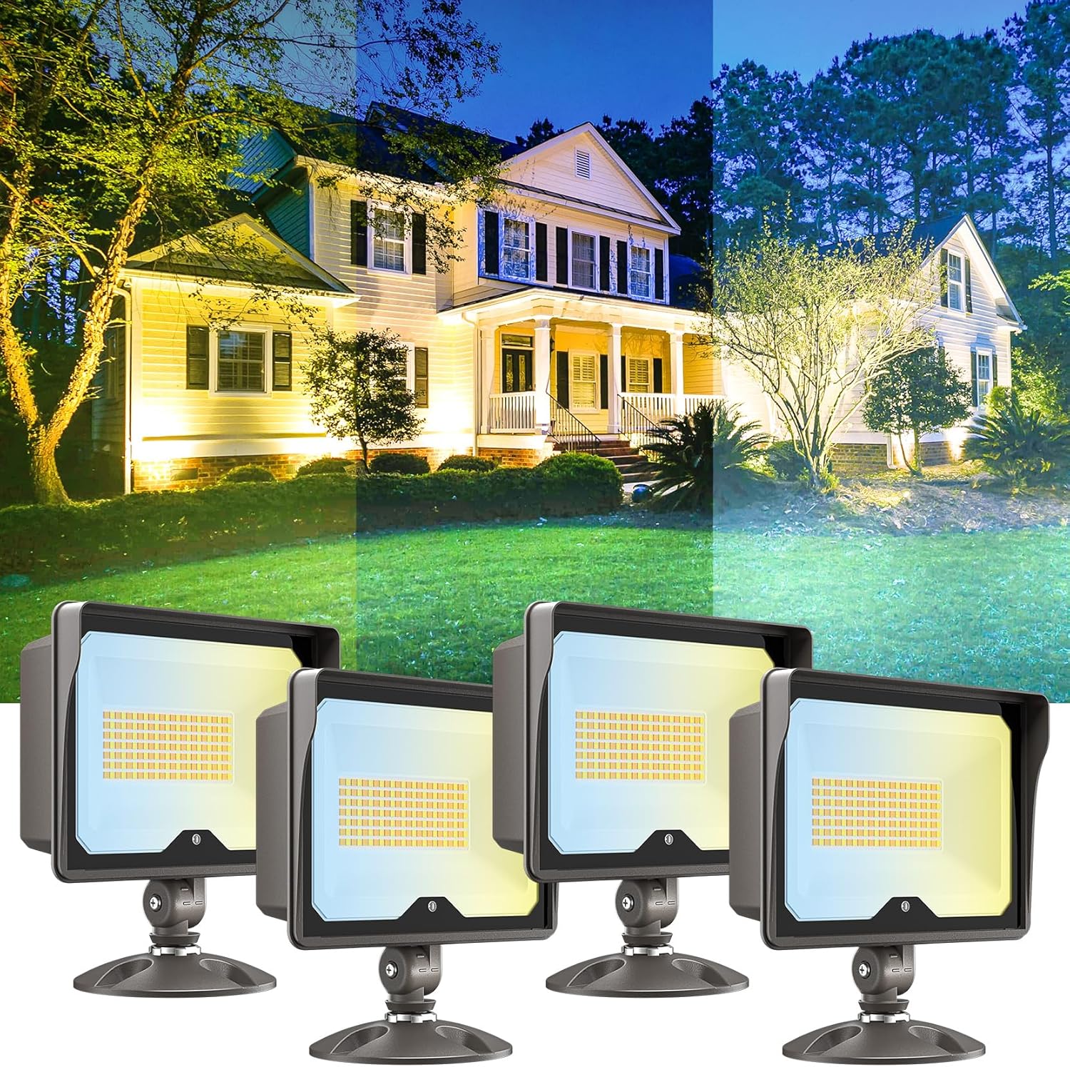 CINOTON 55W LED Flood Light 3CCT (3000K/4000K/5000K), 7700LM Dusk-to-Dawn Photocell Outdoor Security Lighting, 120V IP65 Aluminum Wall Pack for Porch/Barn, 180° Knuckle Mount, 2 Modes, ETL, 4 Pack