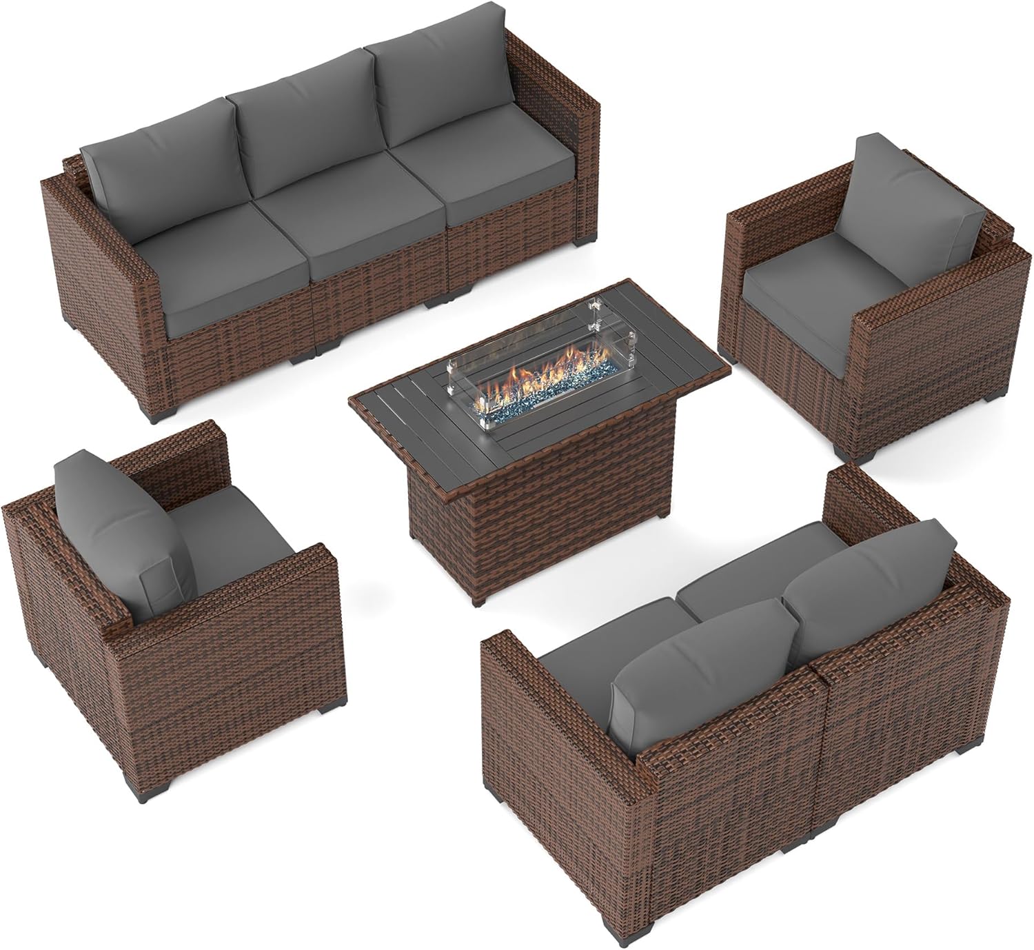 Patio Furniture Set with Fire Pit Table, 5 Pieces Outdoor Furniture Sets, Wicker Patio Conversation Sets w/Waterproof Covers for Backyard, Porch, Balcony, Poolside Dark Grey