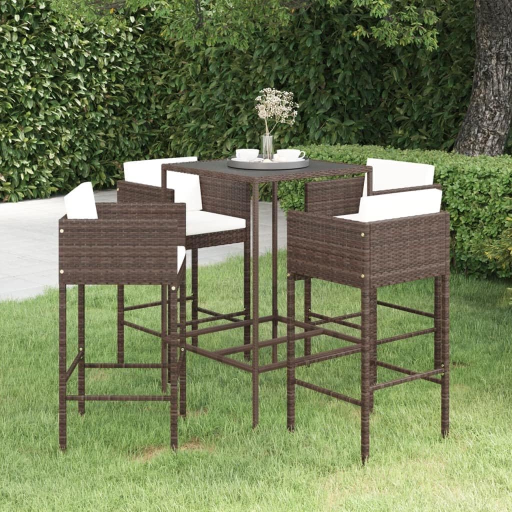 5 Piece Patio Bar Set with Cushions Poly Rattan Brown Garden Furniture