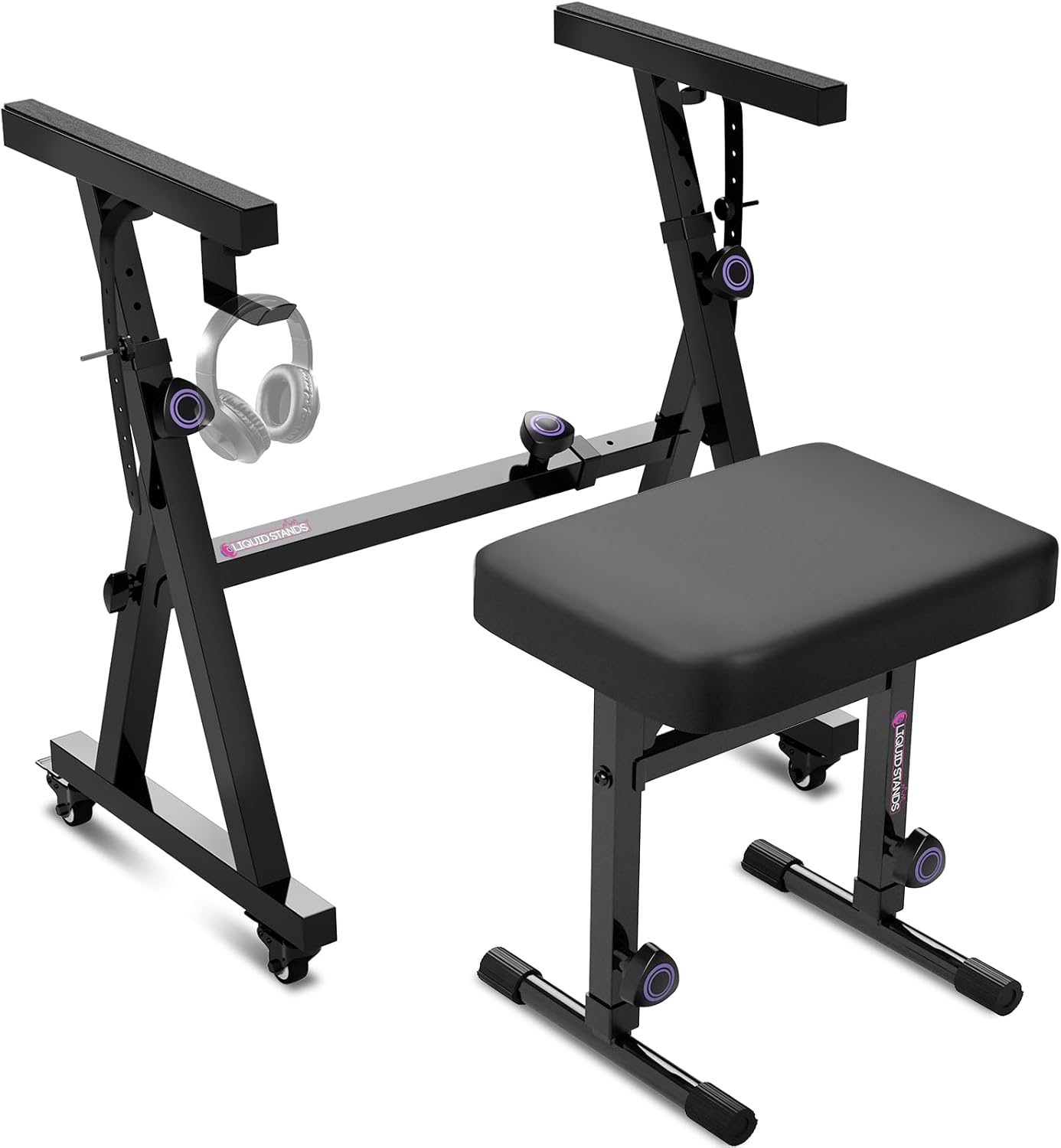 Liquid Stands Piano Keyboard Stand and Bench Set - Portable Heavy Duty Music Stand for 54-88 Key Electric Pianos & Adjustable Piano Bench, Stool - Sturdy Keyboard Music Accessories w/ Wheels and Seat