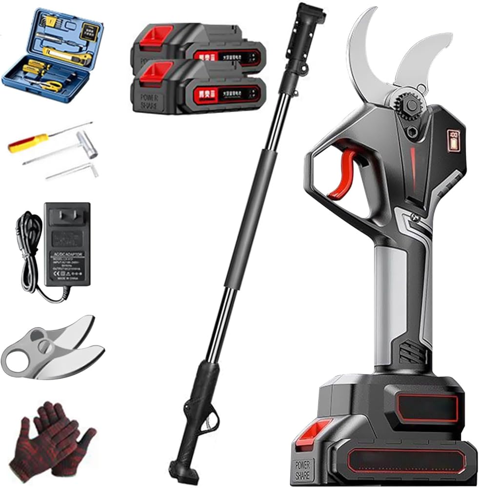 950W electric pruning shear, 70 mm electric garden scissors with telescopic pole, long reach, efficient pruning shears for hedges, bushes and orchards 2-batteries