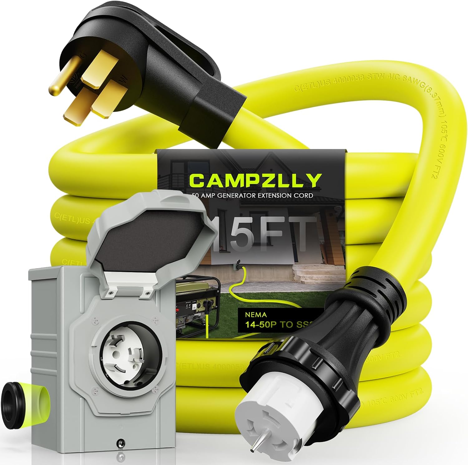 50 Amp Generator Cord 15FT and Power Inlet Box, NEMA 14-50P Male to SS2-50R 125/250V Twist Lock Connector with Pre-Drilled NEMA SS2-50P Generator Inlet Box for Generator to House, ETL Listed