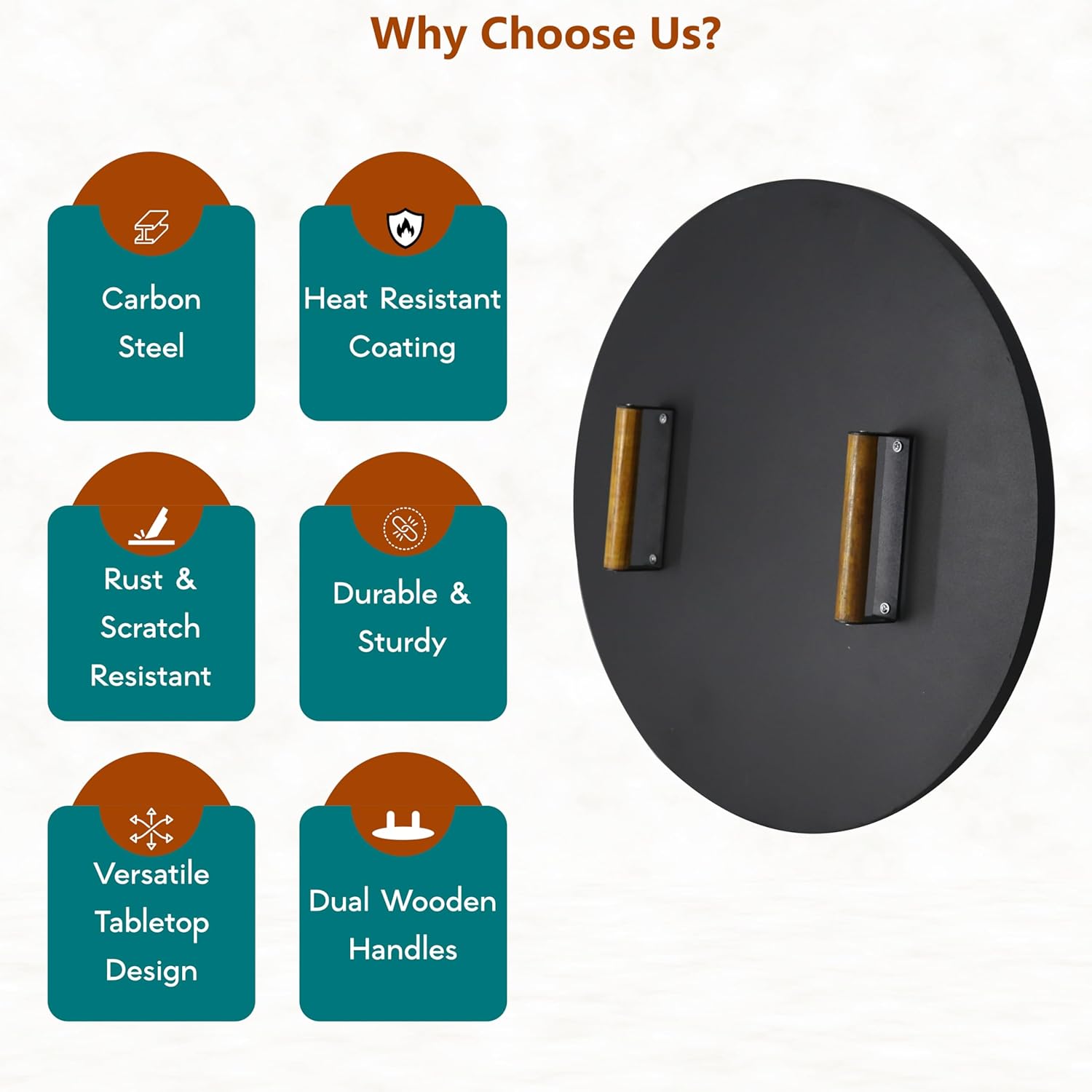 22” firepit lid Round for Inside up to 20” Gas fire Pit lid for Outdoor Fireplace Cover Lid Steel fire Pit Metal Cover W/ 2 Wooden Handles & Heat Resistant Snuffer Lid for Round Patio Fire Pit Ring