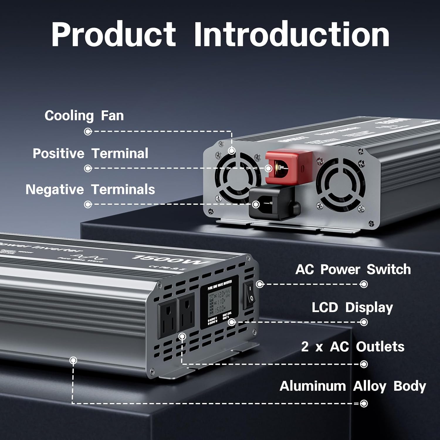 1500W Pure Sine Wave Power Inverter, 12V DC to 110V/120V AC for Car, RV, Truck, Home, Off-Grid, Camping with 2 AC Outlets, LCD Display and 3000W Surge