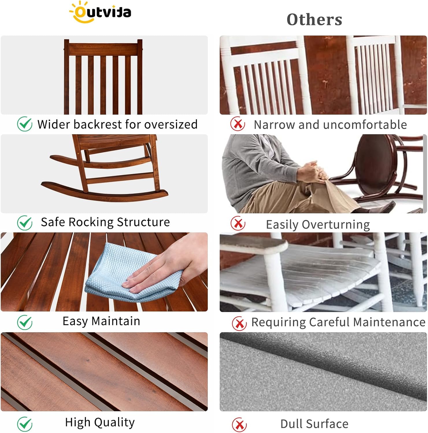 Outvita Outdoor Rocking Chair, Solid Wood High Back Rocker, All Weather Lounge Chair for Porch Patio Fire Pit Garden Backyard Deck Indoor, Natural