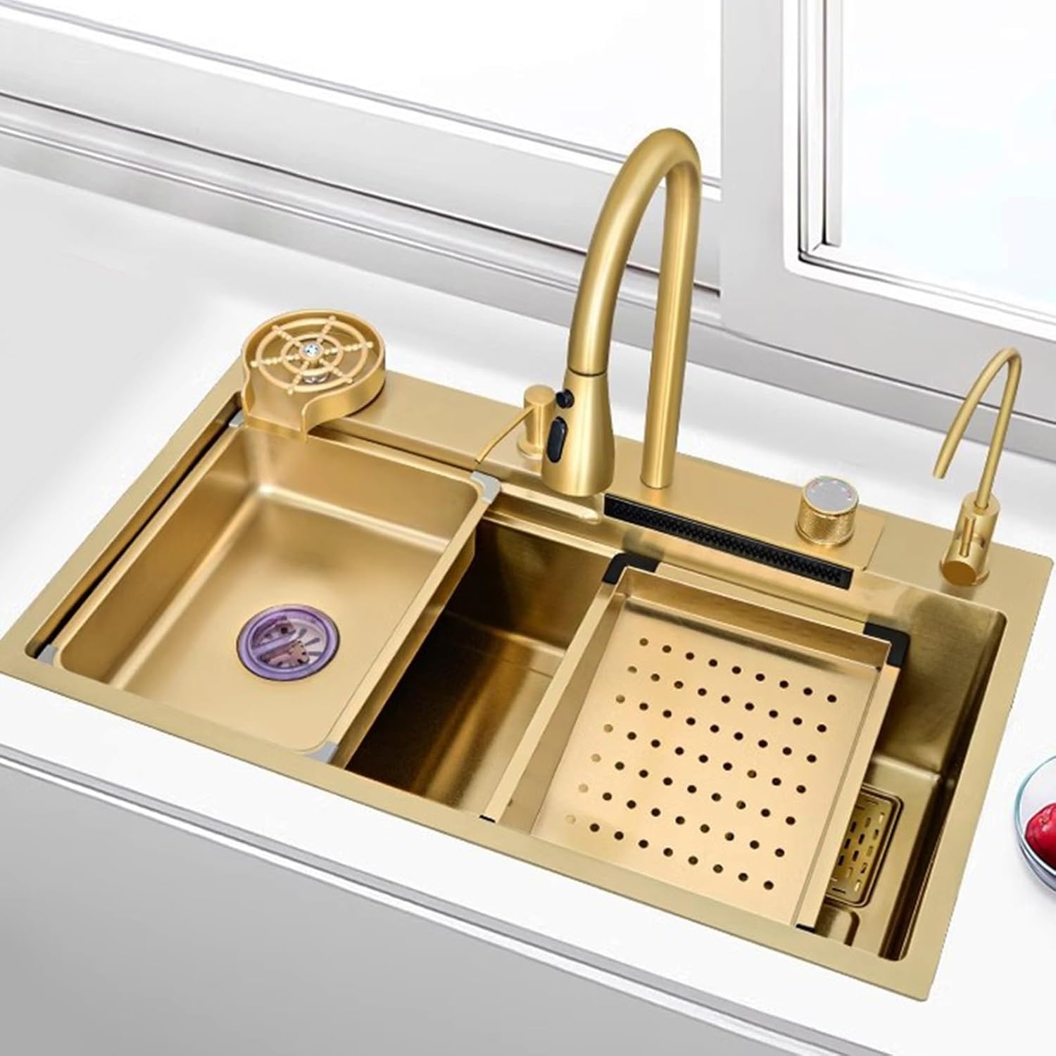 Kitchen Sink Tap,Golden Sink Stainless Steel Sink Golden Kitchen Sink Waterfall Faucet Large Single Sink Including Cutting Board Glass Washer and Other Accessories (Size : 80x (80x45x20CM)