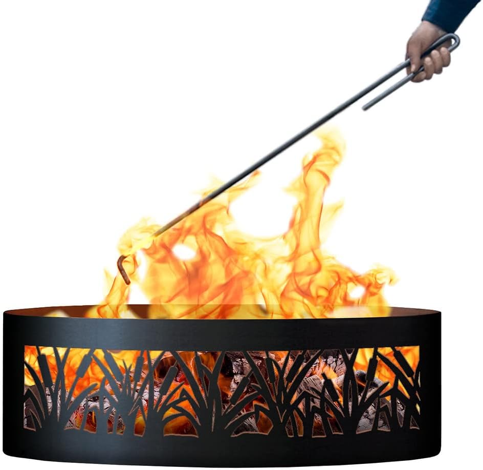 PD Metals CFR00948-FP Cattail Unpainted 12 in. Tall 48 in. Diameter Outdoor Fire Ring with Fire Poker - 48 x 48 x 12 in. - Rustic Black Color