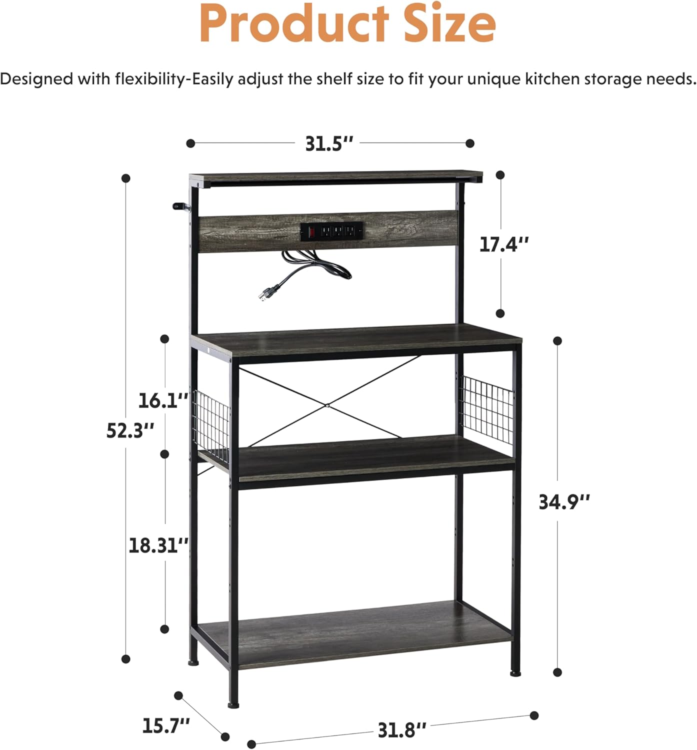Simple Deluxe Kitchen Bakers Rack with Power Outlet, Coffee Bar Accessories Table, 4-Tier Adjustable Storage Shelf for Spices, Freestanding Appliance Organizer, 31.5 Inch, Gray