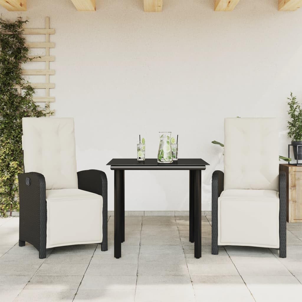 3 Piece Bistro Set with Cushions Black Poly Rattan,UltraComfortable Patio Bistro Set with Adjustable Backrest and Glass Tabletop Patio Furniture Sets, Outdoor Furniture Sets