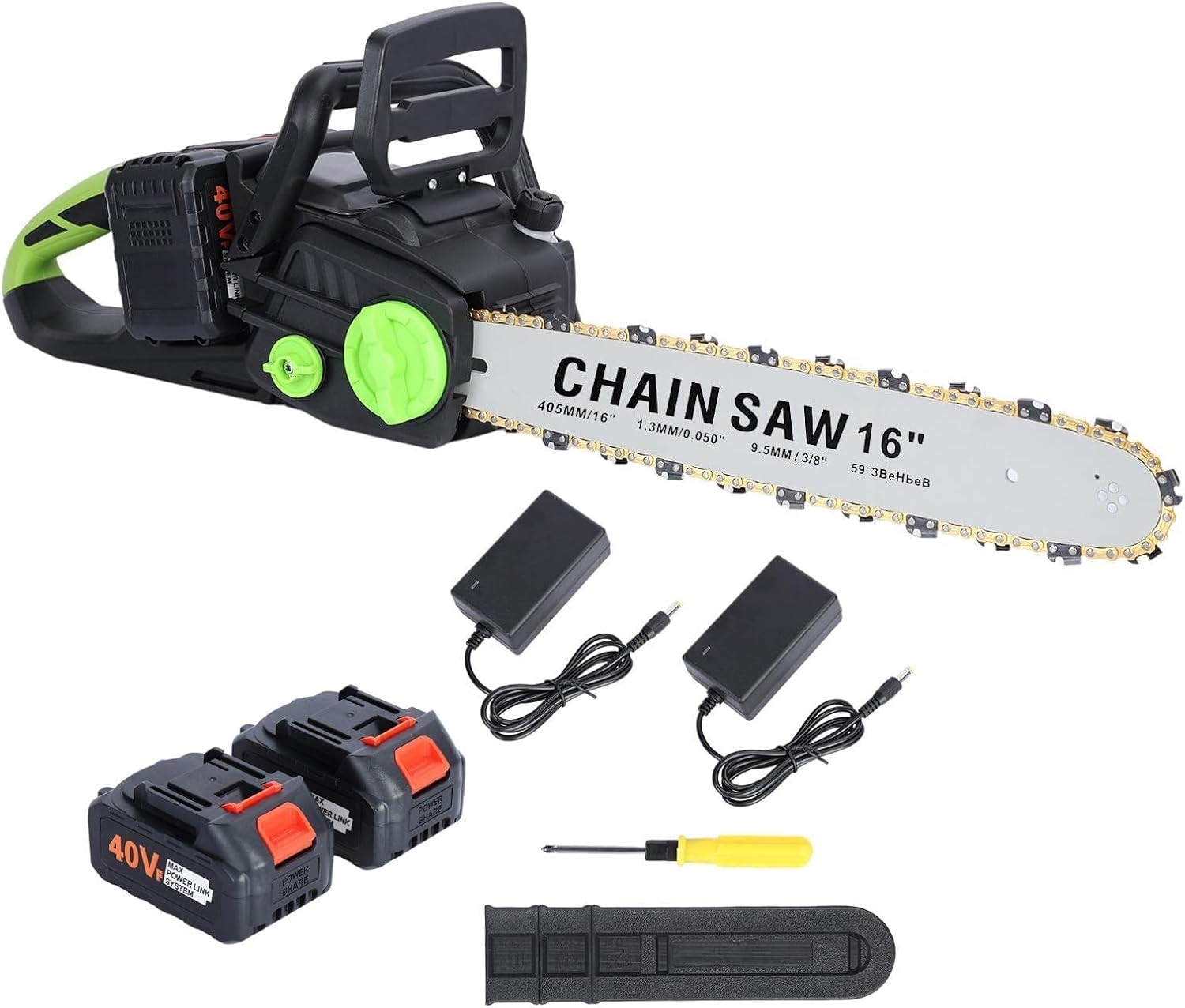 16-Inch Brushless Motor Cordless Electric Chainsaw with Dual 4Ah Batteries, High-Power Auto-Lubrication Chain Saw for Tree Felling, Pruning, Lightweight Garden Handheld Design US Plug