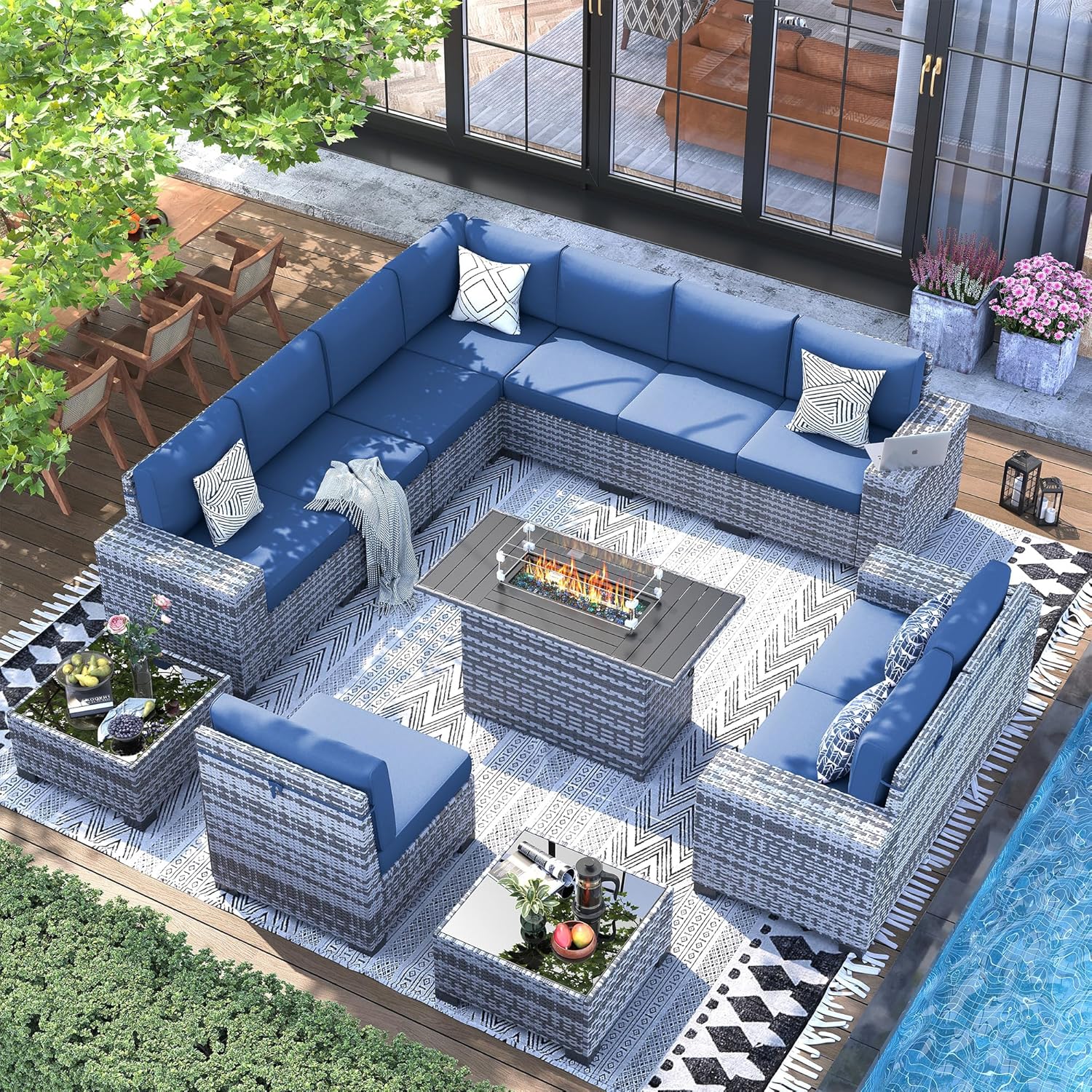 UDPATIO 13 Piece Patio Furniture Set with Fire Pit Table, 8''Wide Armrest Modular Rattan Outdoor Sectional Sofa Set,Wicker Patio Conversation Sets for Backyard,Deck w/ 4'' Cushions,Cover(Grey/Blue)