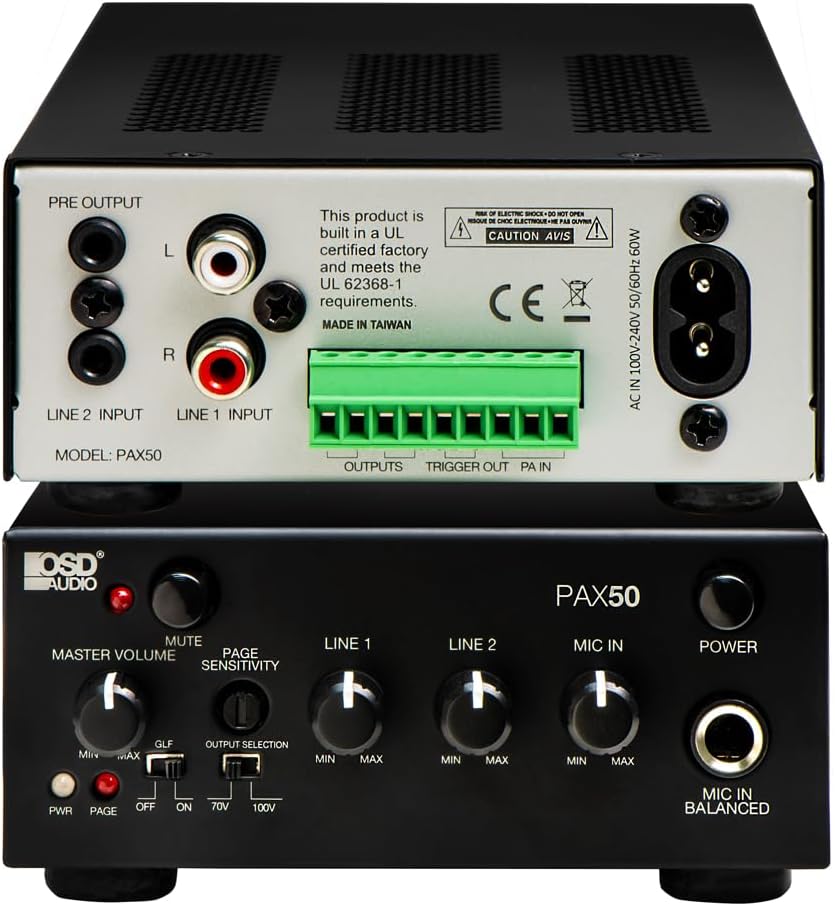 OSD Audio PAX-50 50W Commercial 70V Amplifier, 2 Channel, Class D - ¼ Rack Width, 1U Height