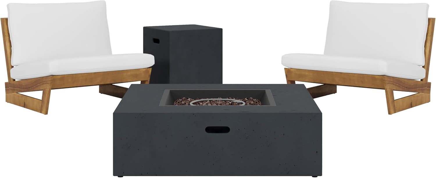 Christopher Knight Home Sherwood Acacia Wood Outdoor Lounge Chairs and 50,000 BTU Square Propane Fire Pit, 32.5 