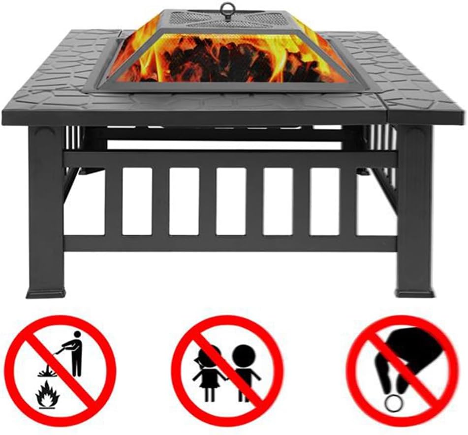 Portable Square Metal Fire Pit for Outdoor, Heavy Duty Iron Mesh with Lid and Poker, Garden/Patio Fire Bowl for Camping, BBQ, and Ice Storage, Black