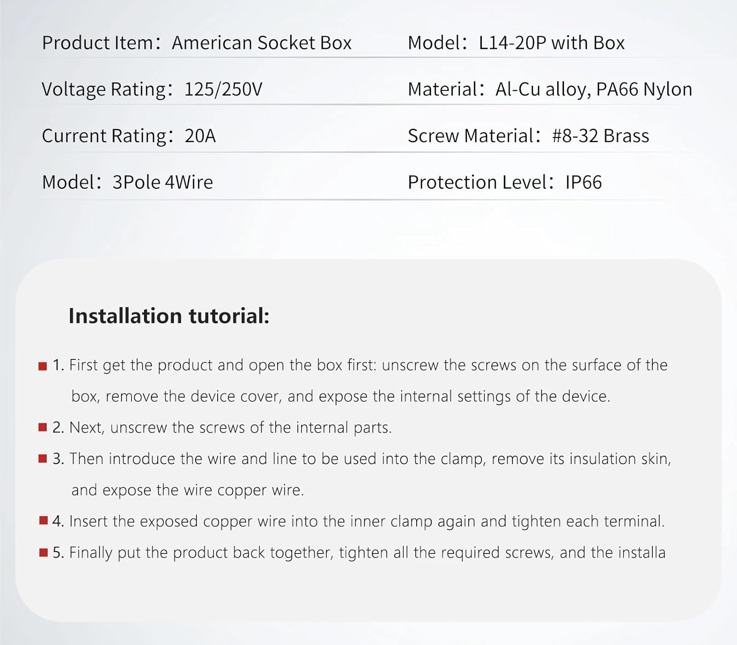 1pcs L14-20P-BOX US/American 20Amp Power Inlet Box,NEMA L14-20P 125/250Volt Generator Plug Outdoor dustproof and Weatherproof .ETL,Listed.