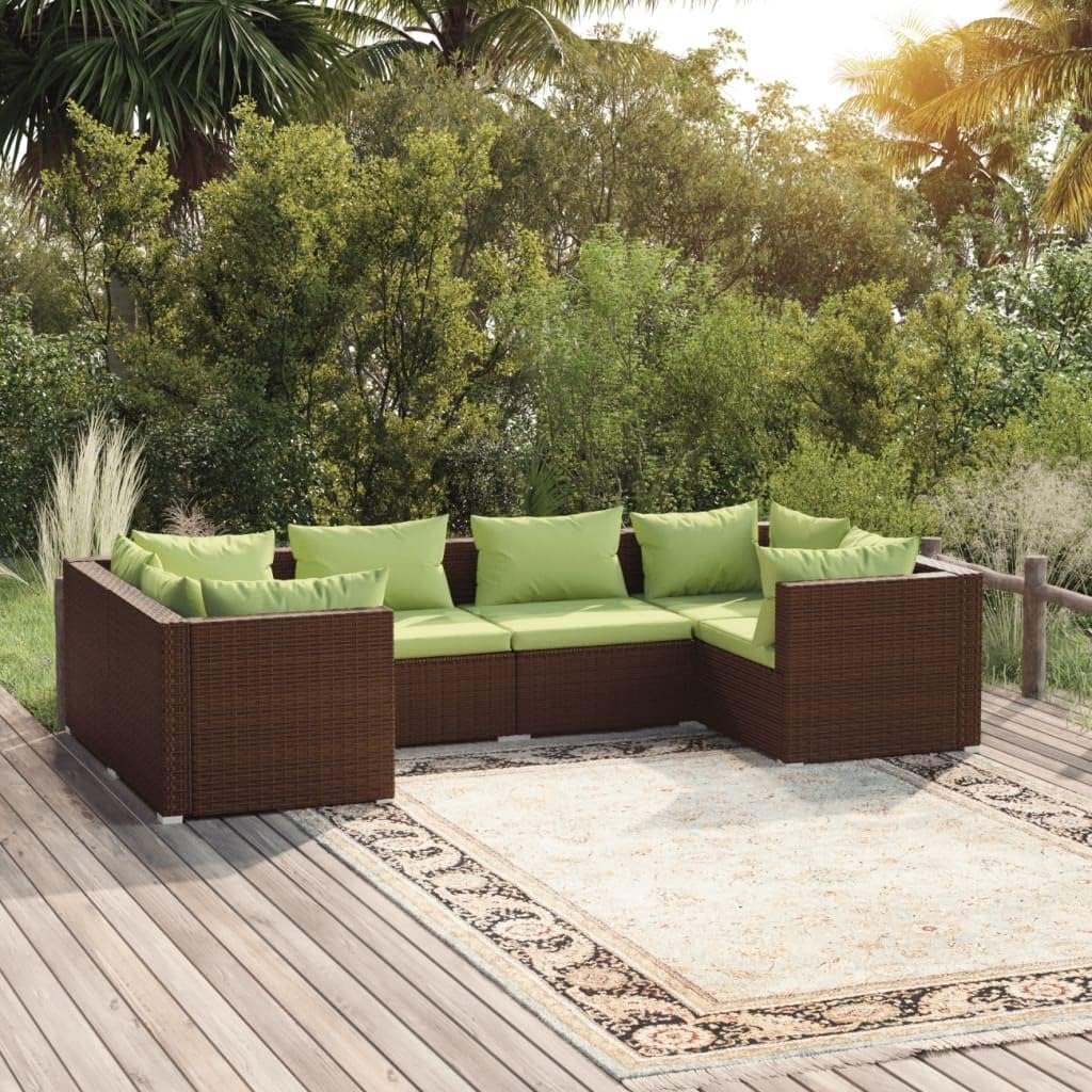 6-Piece Modular Garden Lounge Set, Brown Synthetic Poly Rattan, Green Cushions, Outdoor Patio Furniture Set, Powder-Coated Steel Frame, for Balcony, Terrace