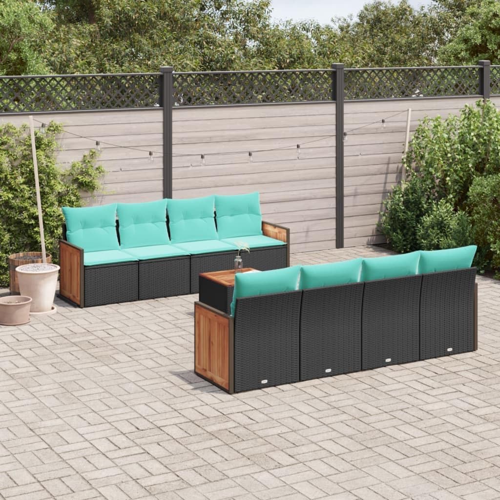 9 Piece Patio Sofa Set with Cushions Black Poly Rattan, Modular Outdoor Furniture with Removable Covers and Waterproof Storage Bag, Durable PE Rattan and Acacia Wood Tabletop