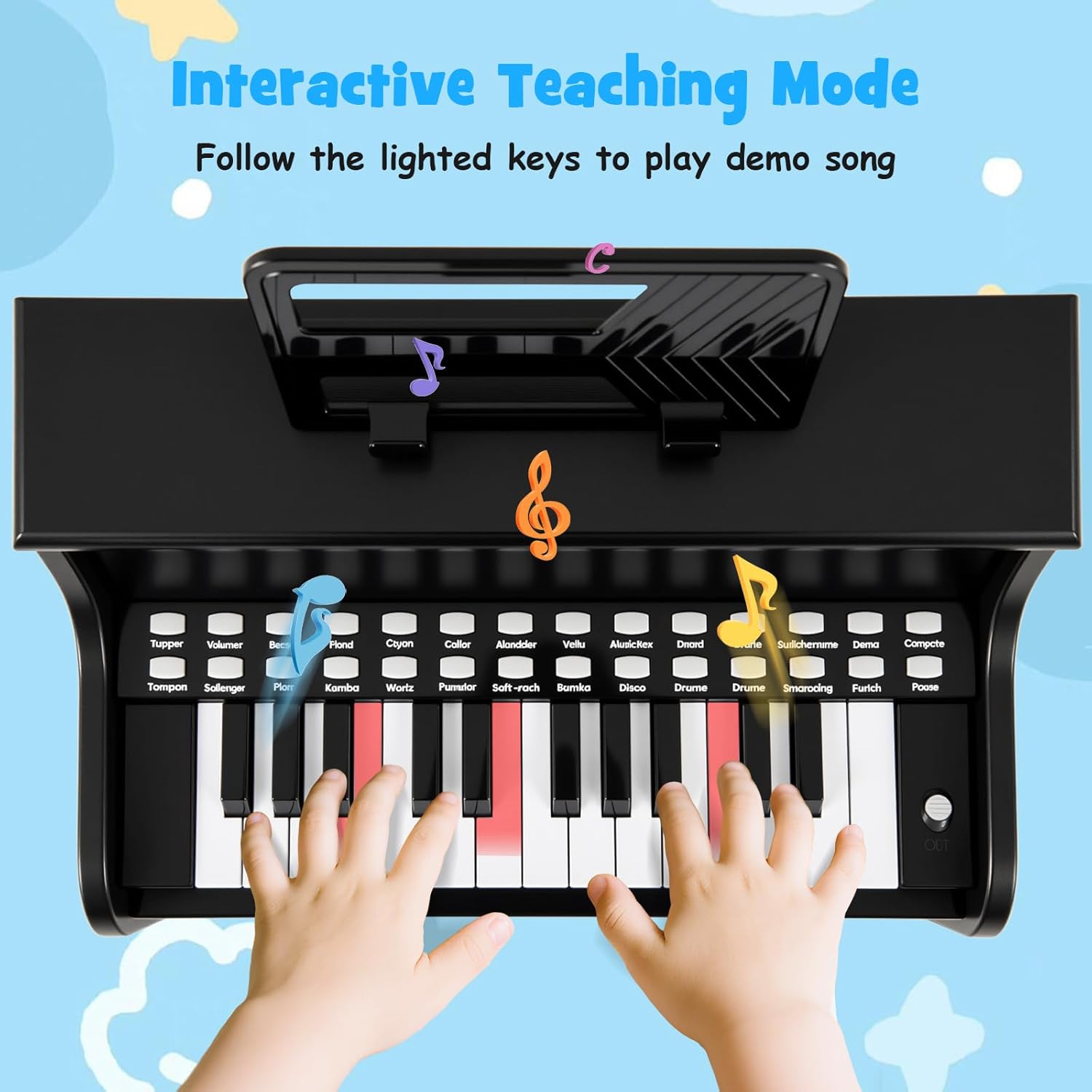 Costzon 25 Keys Kids Piano Keyboard, Mini Digital Piano Wooden Toy w/ Adjustable Speed & Volume, Teaching Mode, Removable Music Stand, Educational Music Instrument for Kids Aged 3+ (Black,with Stool)
