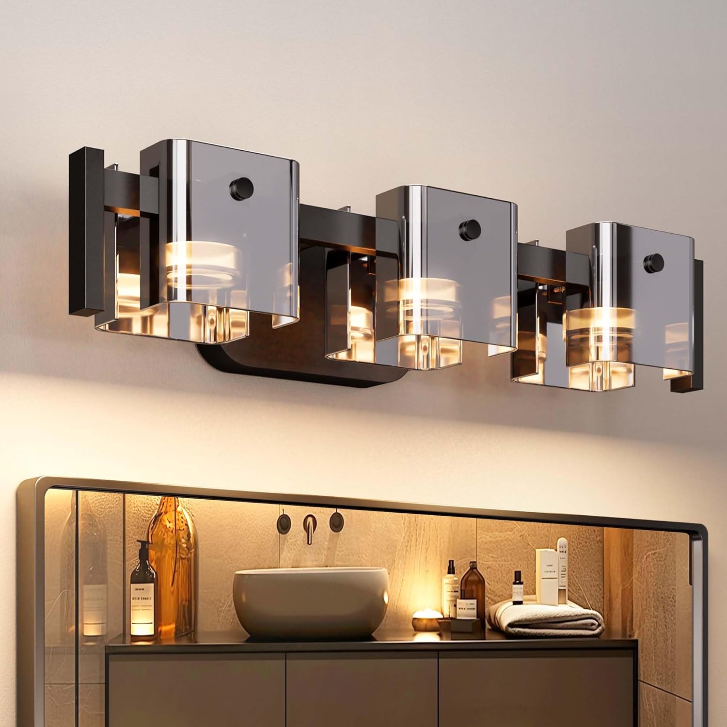 JACKYLED Bathroom Light Fixture, Modern 3-Light Vanity Lights with Art Glass Shades, 3 Color Temperatures LED Bathroom Lighting Fixture Over Mirror, 15W 900 Lumen 30° Adjustable, Ash Gray Glass