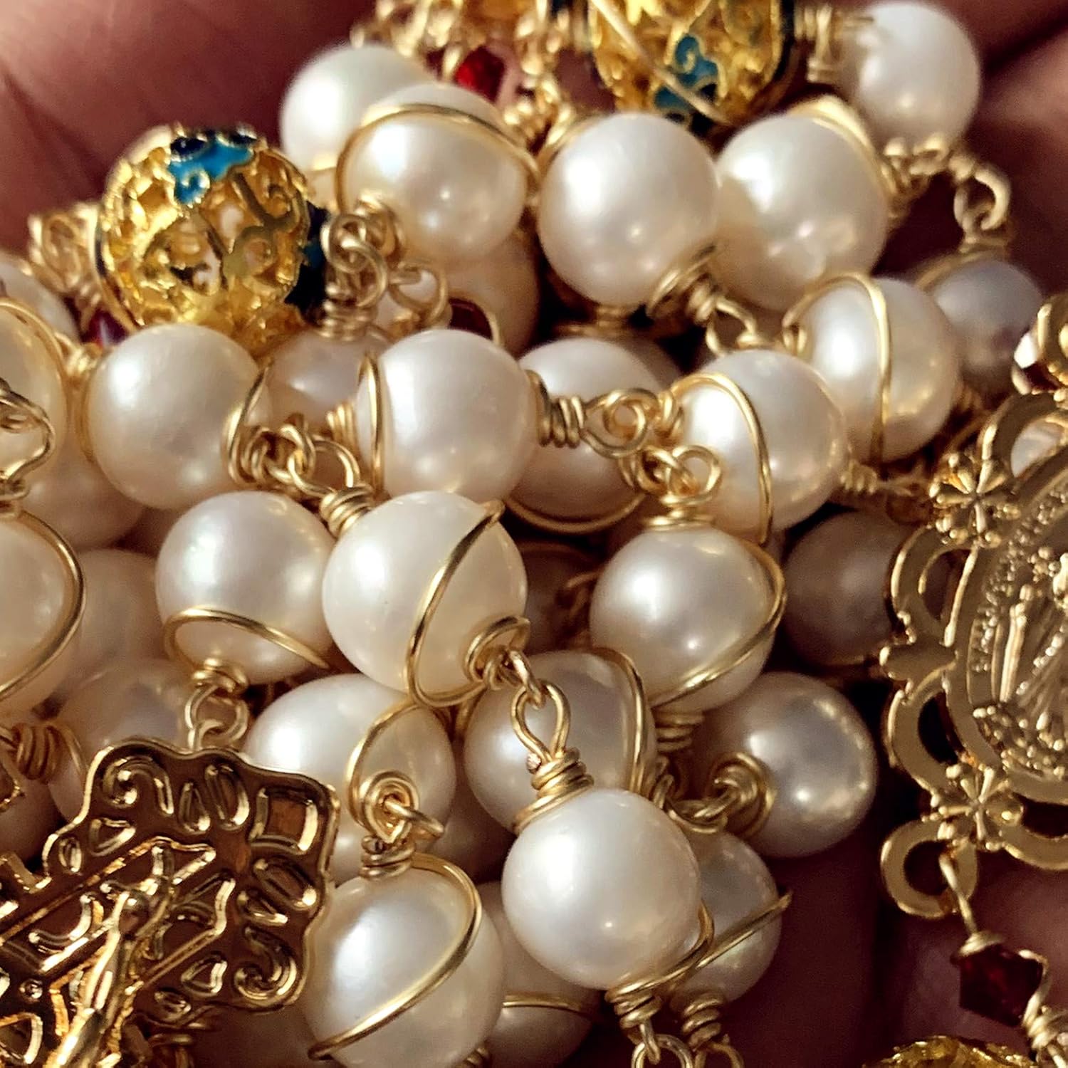 elegantmedical HANDMADE Gold Wire Wrapped Bead AAA White 10mm Real Pearl Rosary Cross NECKLACE BOX