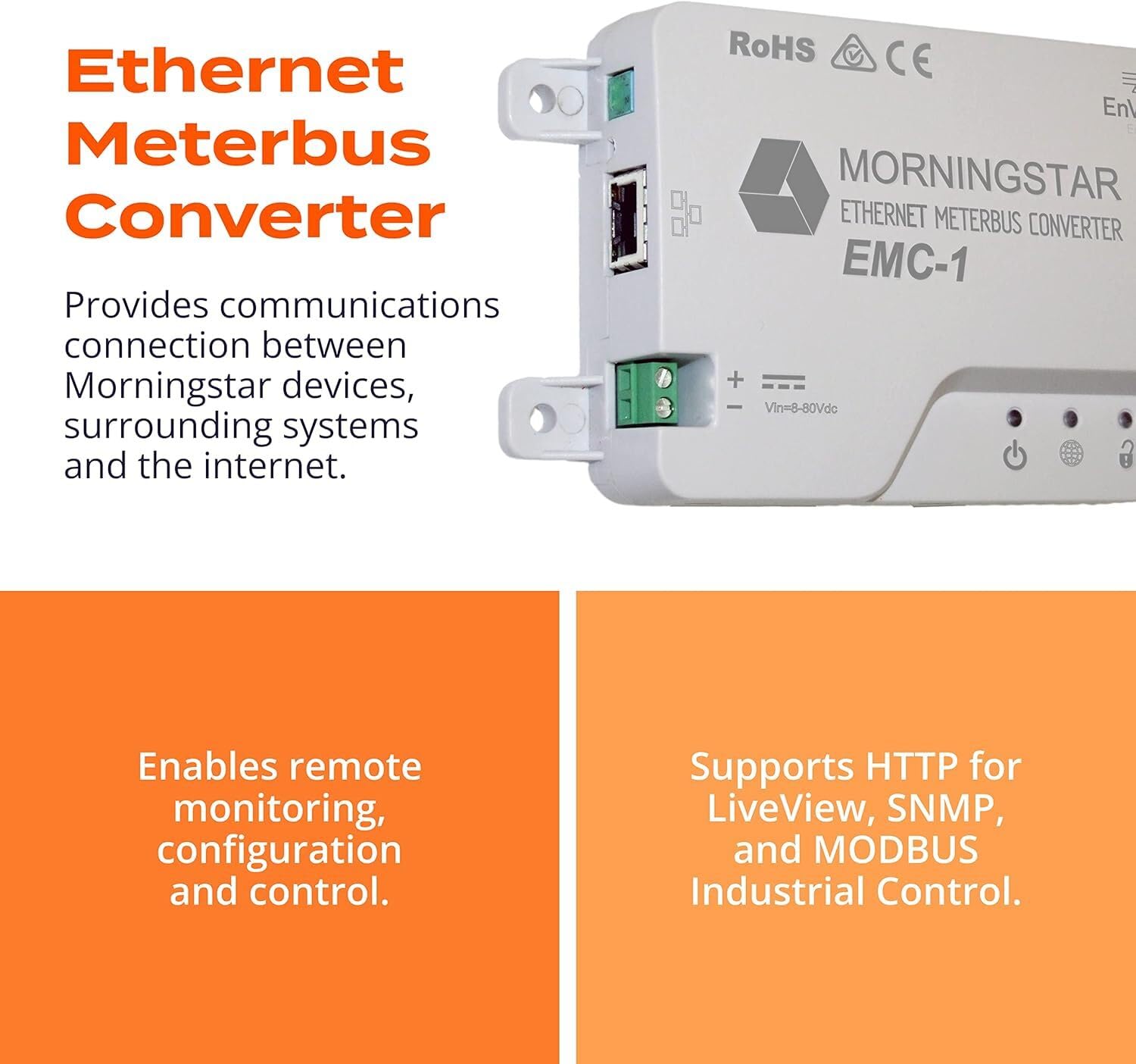 Morningstar SunSaver MPPT 15A Solar Charge Controller (SS-MPPT-15L) for 12/24V Batteries with Ethernet MeterBus Converter (EMC-1)