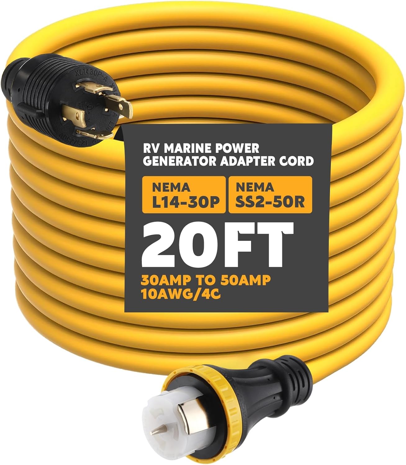 20FT NEMA L14-30P to SS2-50R RV Marine Power Generator Adapter Cord, 30A 4 Prong Locking Generator L14-30P Male to 50A Marine Shore Power SS2-50R Female with Locking Ring 125V/250V