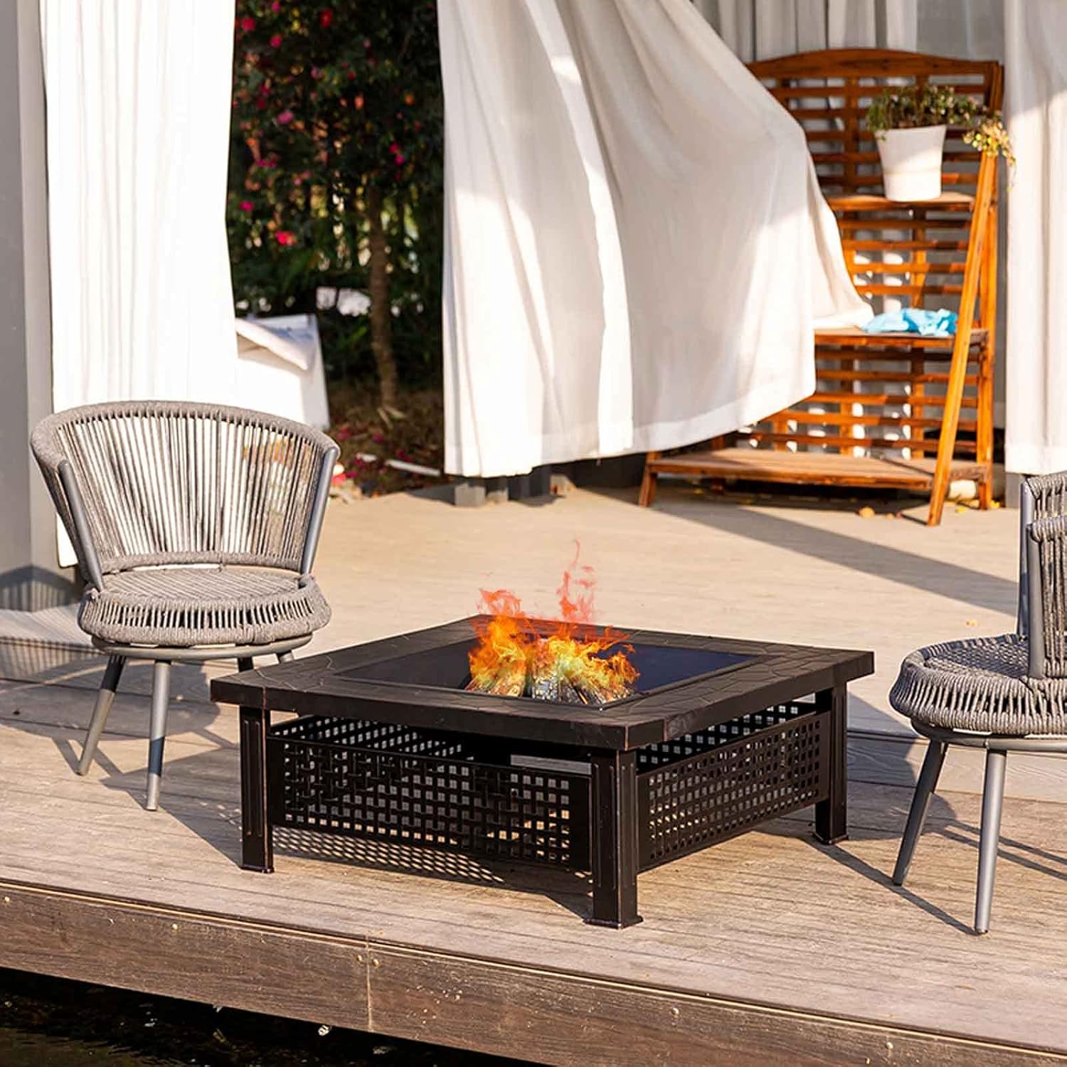 Fire Pits Outdoor Wood Burning Fire Pit Tables, Large Bonfire Wood Burning Patio, Heat-Resistant, Magnesium Oxide Tabletop with Rich Accessories with Cover BBQ Cooking for Outside Camping