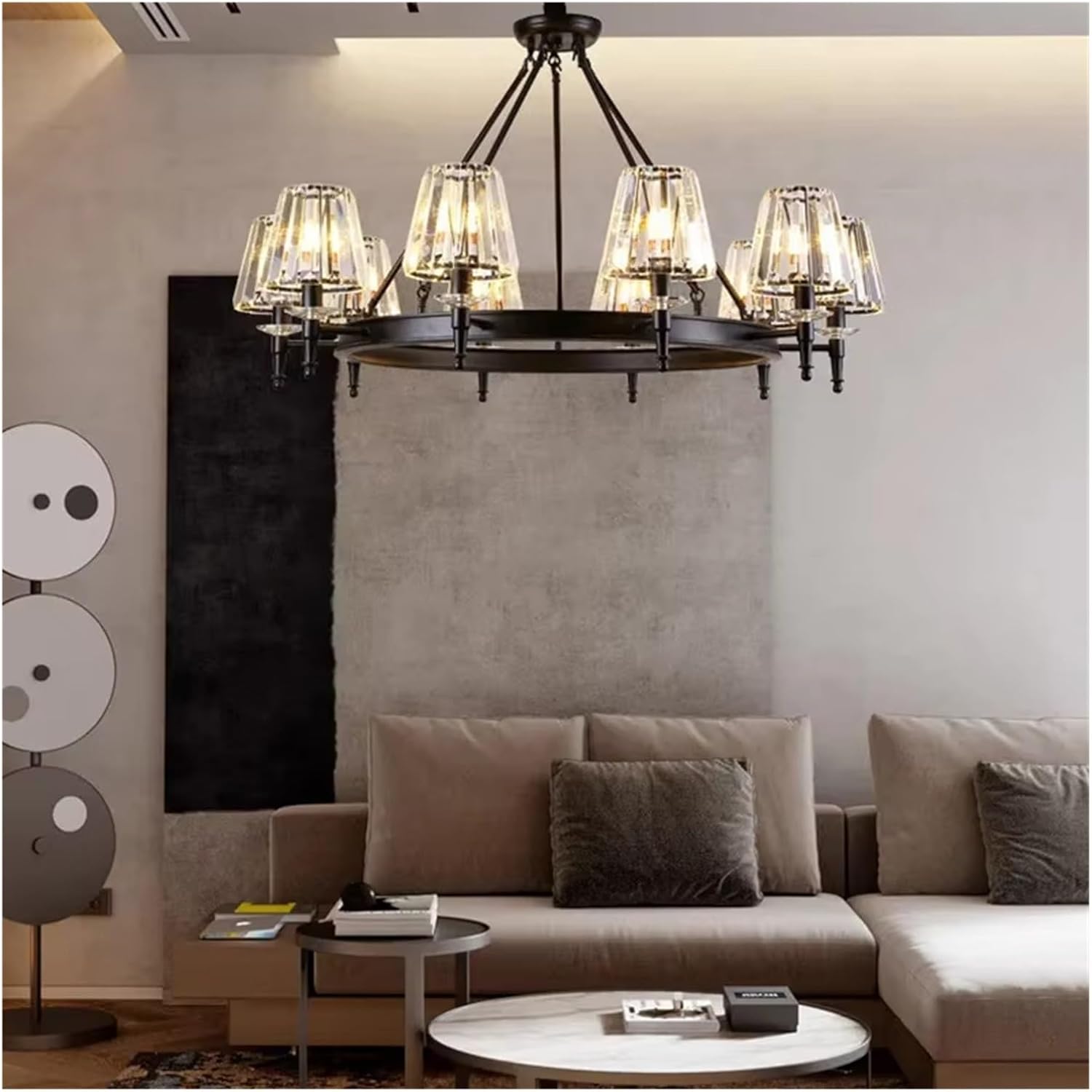 Retro Matte Black Round Metal Led Chandelier Lustre K9 Crystal Shades Pendant Lights Lighting Hanging Lamps Room Decor Fixtures,Light Fixture Chandelier