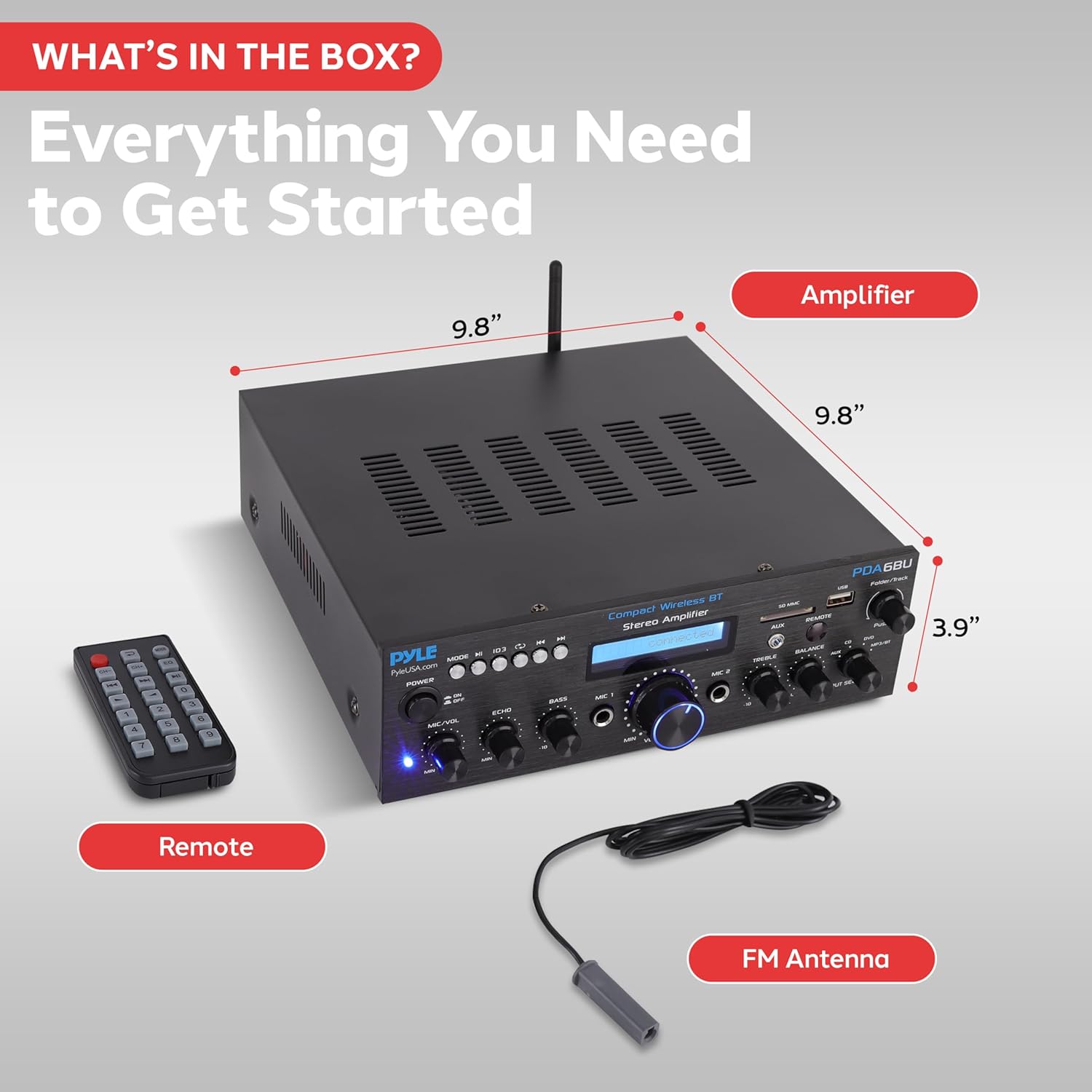 Pyle Wireless Bluetooth Power Amplifier System- 200W Dual Channel Sound Audio Stereo Receiver w/ USB, SD, AUX, MIC IN w/ Echo, Radio, LCD, For Home Theater Entertainment via RCA, Studio Use- PDA6BU.5