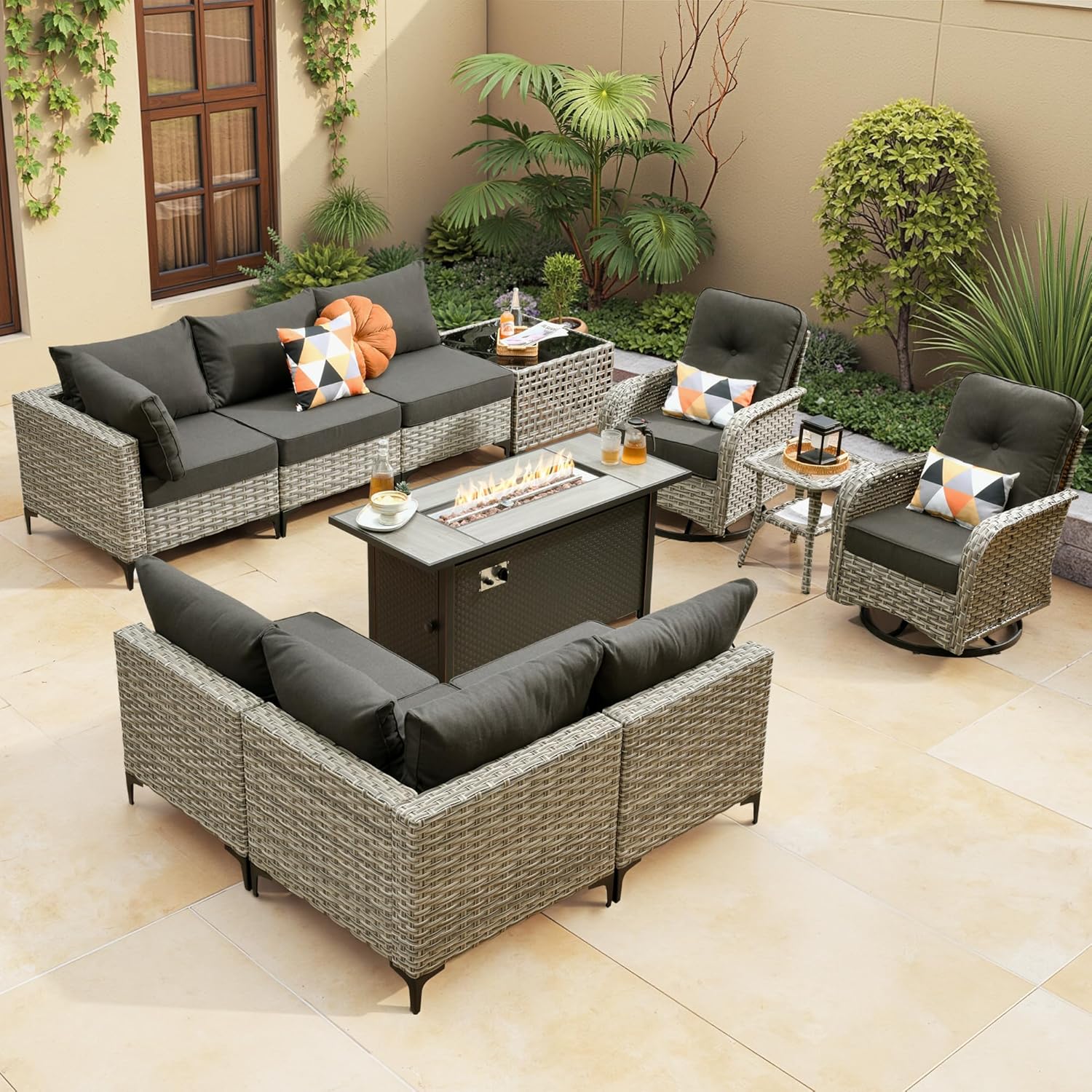 Outdoor Sectional Patio Furniture Set with Fire Pit Table,11 Pieces Rattan Wicker Conversation Sets L Shaped Couch,Out Door Furniture with Swivel Chairs Glowing Coffee Table,Black