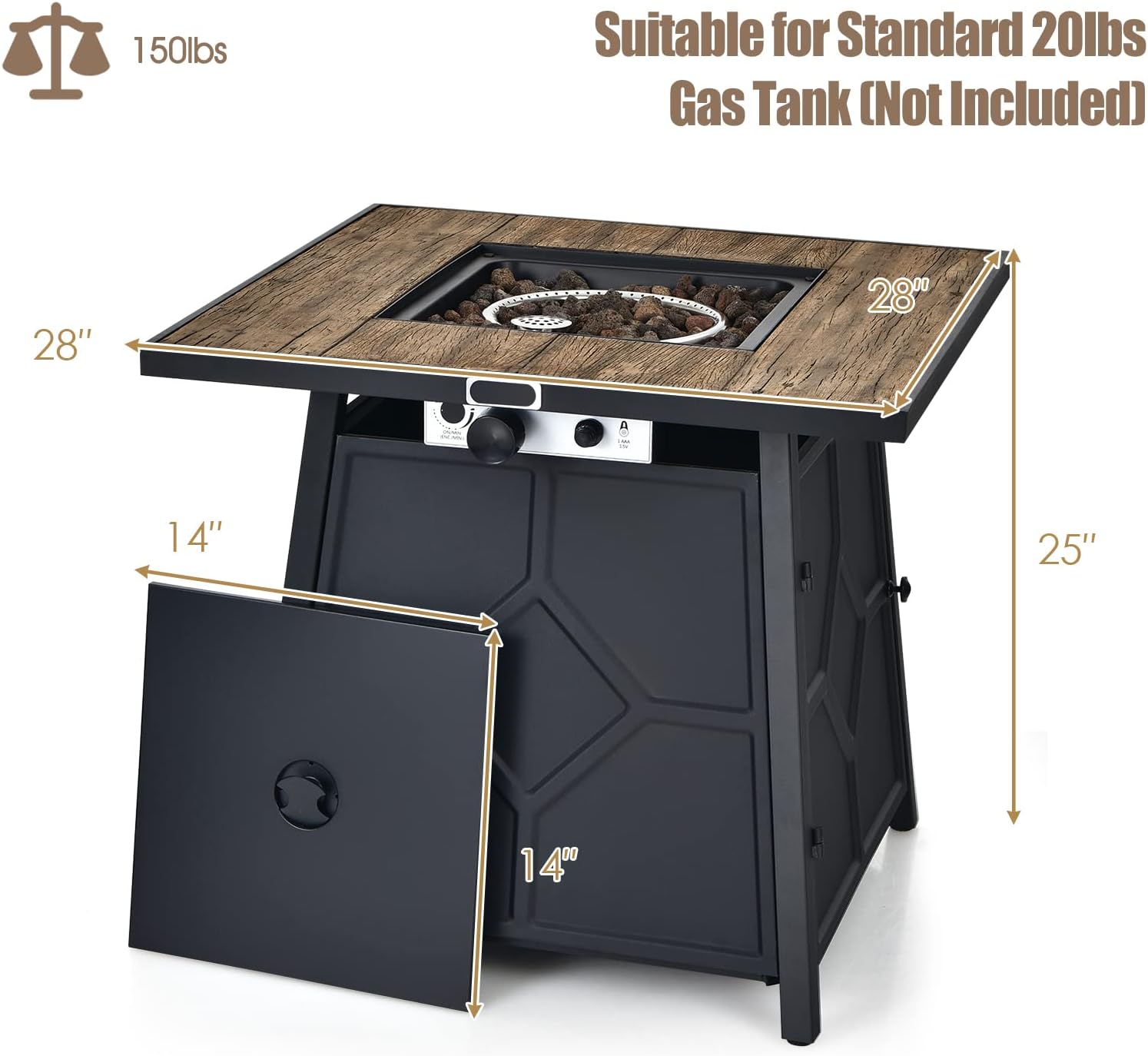 Tangkula 28 Inches Propane Fire Pit Table, 40,000 BTU Square Fire Table with Lid, Lava Stone, Waterproof Cover and Instant Touch-Up Pen, Outdoor Dining Gas Fire Pit Table with Adjustable Flame