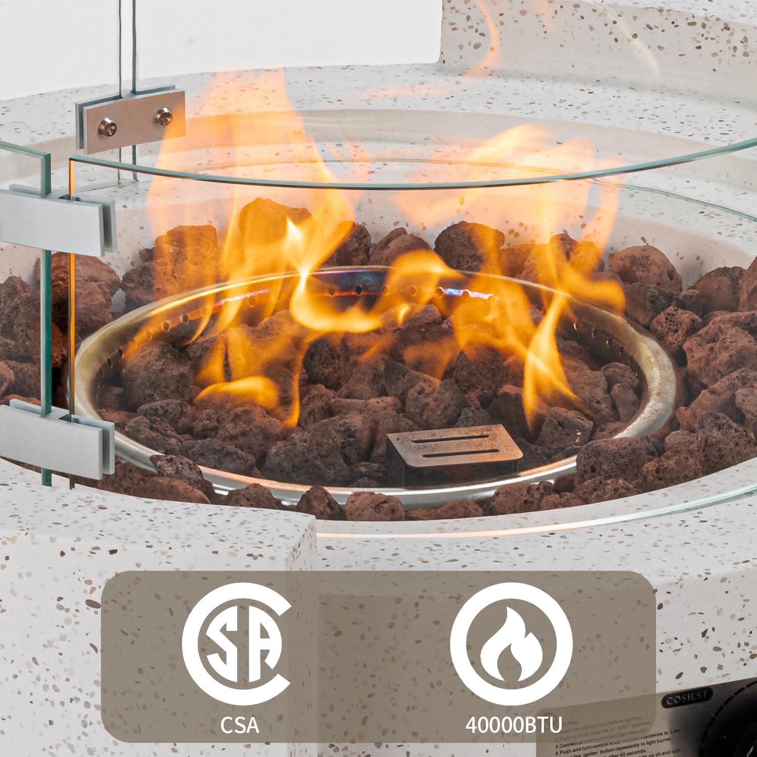 SUNBURY Outdoor Propane Fire Pit Table, 28 Inch Patio Gas Fire Table 50,000 BTU Modern Concrete Fire Pit for Outside in Spotted White w Glass Wind Guard, Lava Rocks