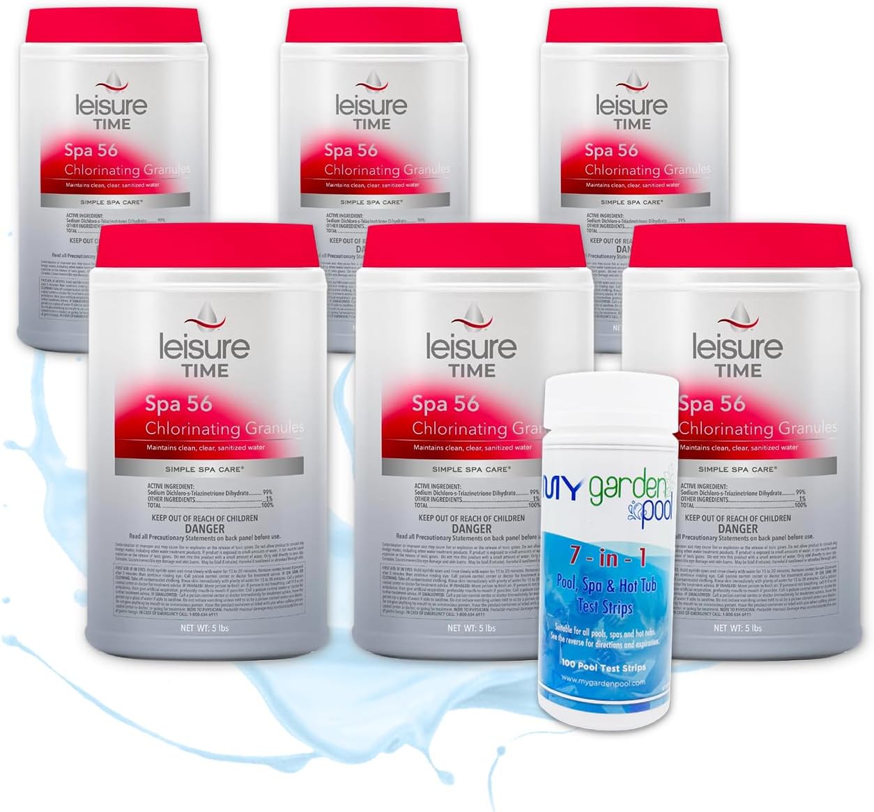 Leisure Time E5 Spa 56 Chlorinating Granules for Spas and Hot Tubs, 5-Pounds, (Six Pack, 6 x 5 lbs) with My Garden Pool 20 Ct. Test Strips - Take Care of Your Spa/Pool, Test First Use Later