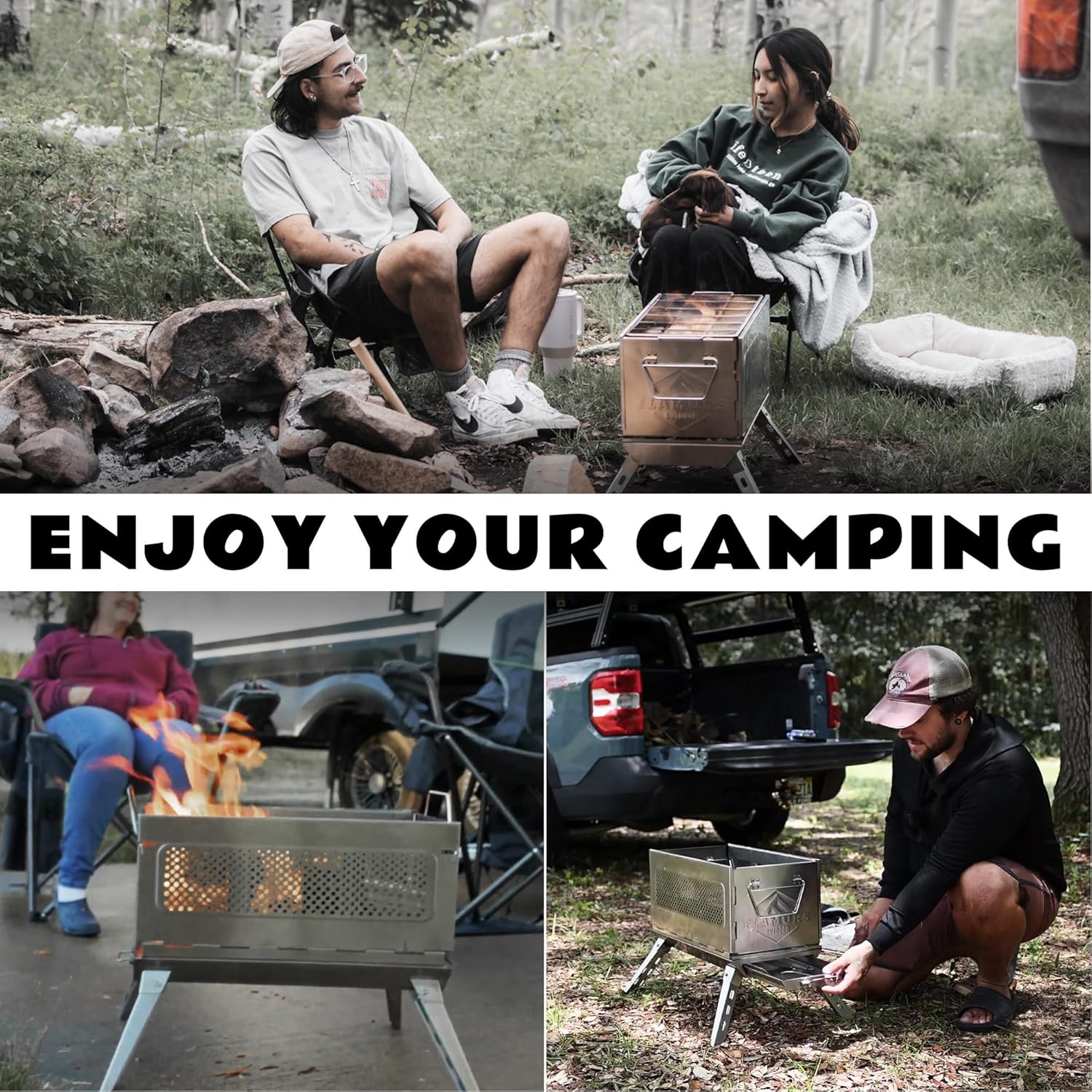 20-Inch Smokeless Fire Pits for Outdoor - Portable & Easy to Assemble - Stainless Steel FirePit with Grill, Removable Ash Pan & Carry Bag. Ideal for Camping Backyard, Patio Garden Picnic BBQ