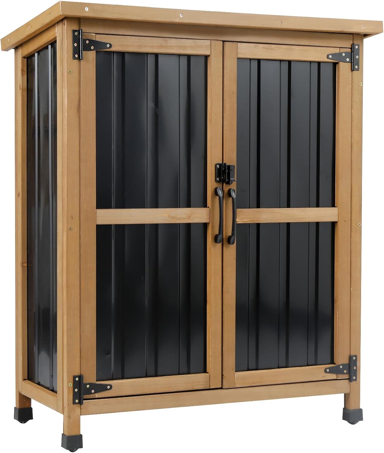 Outdoor Storage Cabinet, Wood & Metal Small Garden Tool Storage Cabinet with Weather-Resistant Asphalt Roof, Double Lockable Doors & Removable Shelves for Porch, Patio, Garden, Backyard