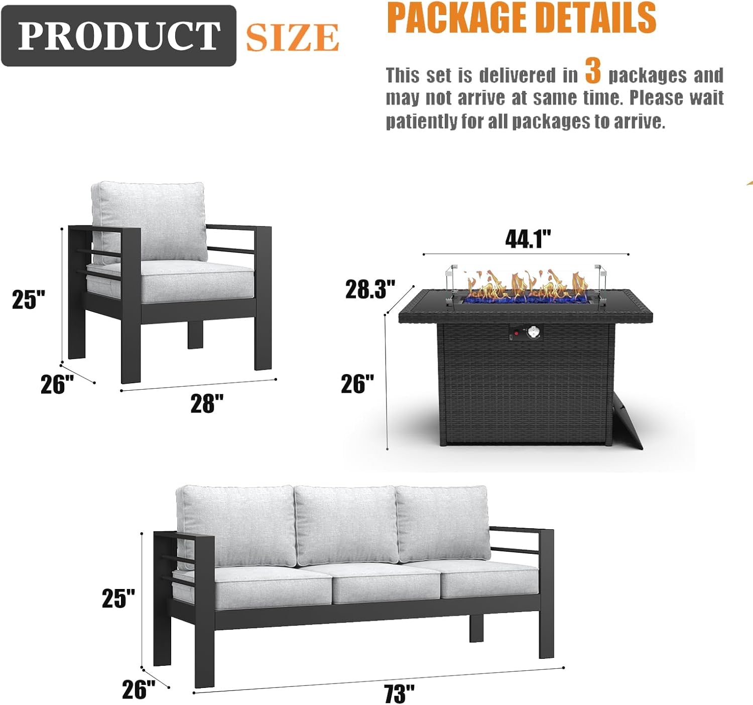 4 Pieces Modern Aluminum Patio Furniture Set with Fire Pit Table, Outdoor Conversation Sets Metal Sectional Sofa