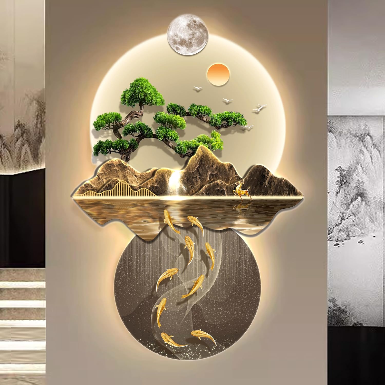 3D Wall Art LED, Wall Sculptures Hanging Art with Led Light, 3D Sculpture Painting Decoration, Chinese Wall Hanging Paintings for Home Entrance Hallway Bedroom