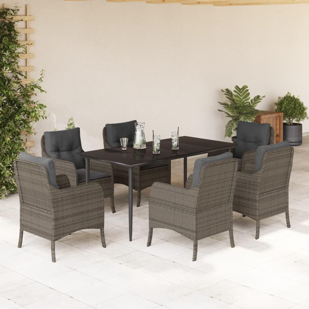 7 Piece Patio Dining Set with Cushions Gray Poly Rattan,Outdoor Dining Set Comfortable Rattan Furniture for Patio, Garden or Backyard Furniture Sets for Patio, Lawn & Garden