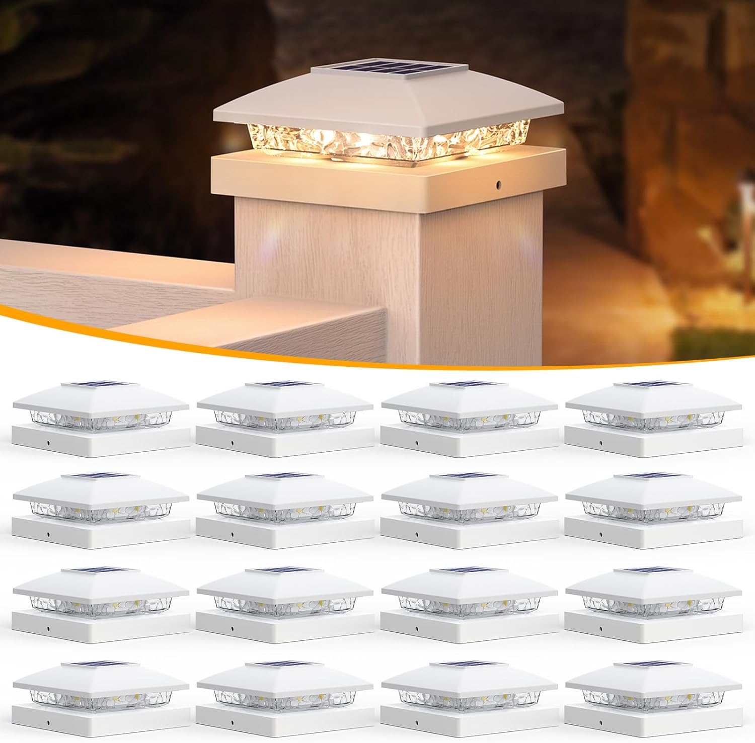 APONUO 4x4 Solar Post Cap Lights, 16 Pack White for Wood/Vinyl Posts - IP64 Waterproof, 3000K Warm White LED, No-Wire Fence Lights & Deck Lights for Patio Garden Yard Patio